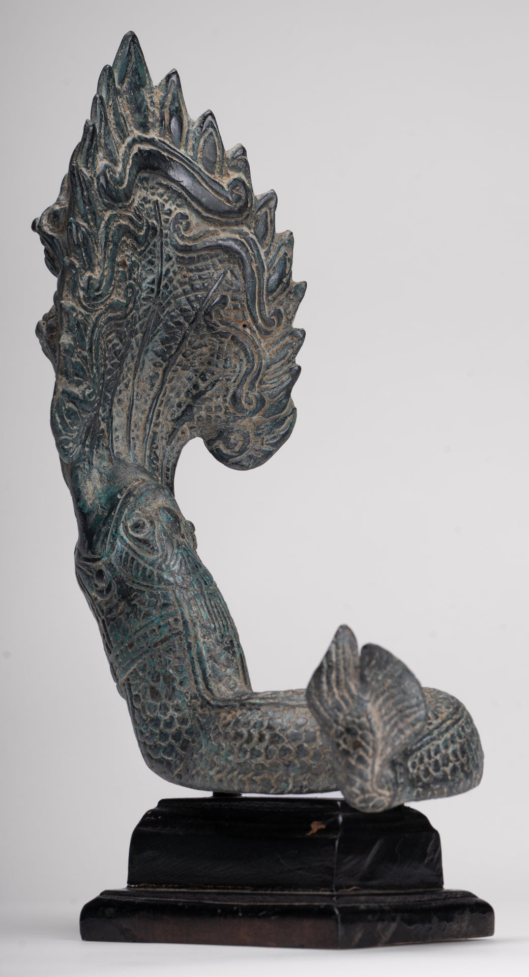 Naga-Statue – antike schützende Naga-, Schlangen- oder Schlangenstatue aus Bronze im Khmer-Stil – 32 cm.