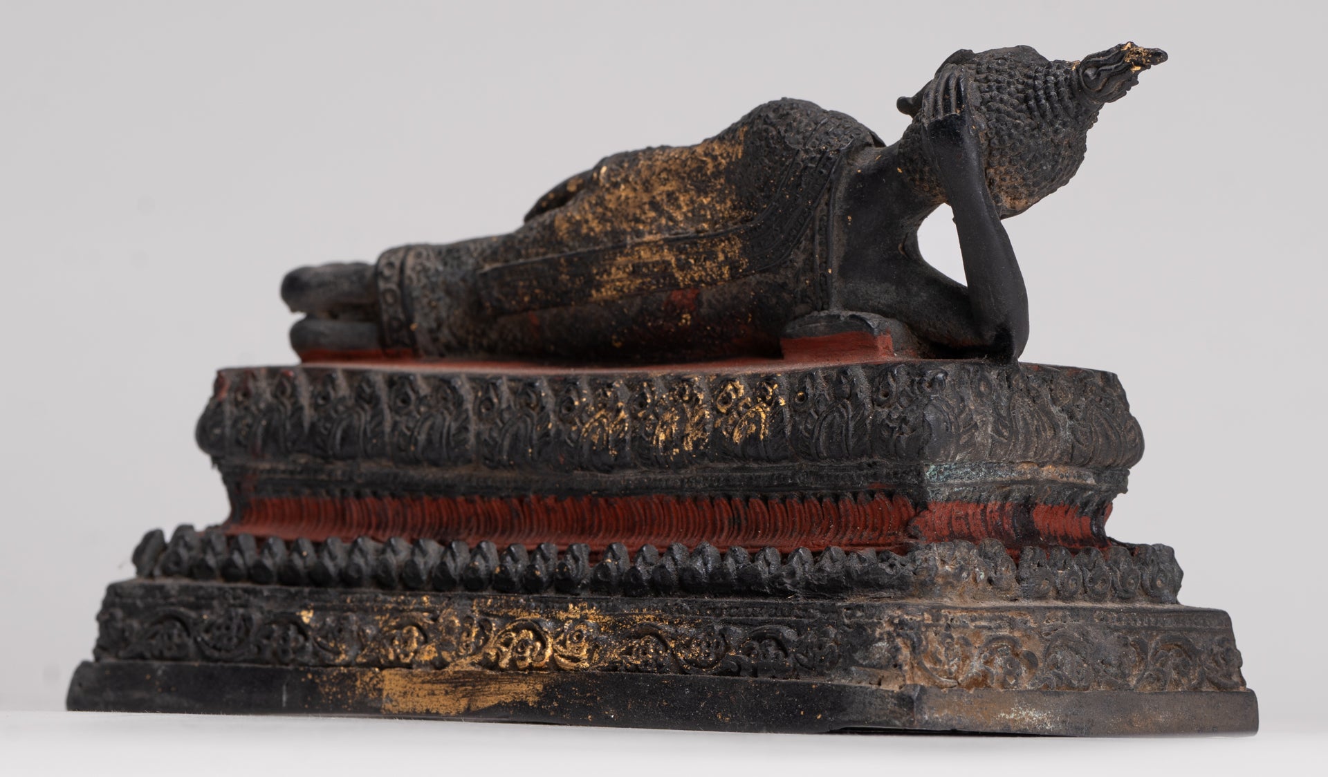 Buddha Statue - Antique Thai Style Bronze Rattanakosin Reclining Nirvana Buddha Statue - 19cm/8"