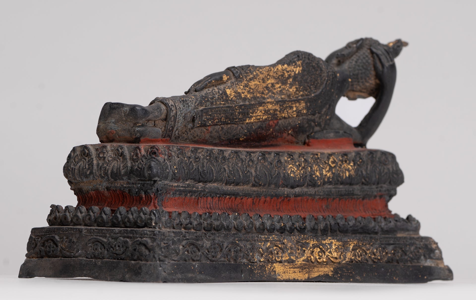 Buddha Statue - Antique Thai Style Bronze Rattanakosin Reclining Nirvana Buddha Statue - 19cm/8"