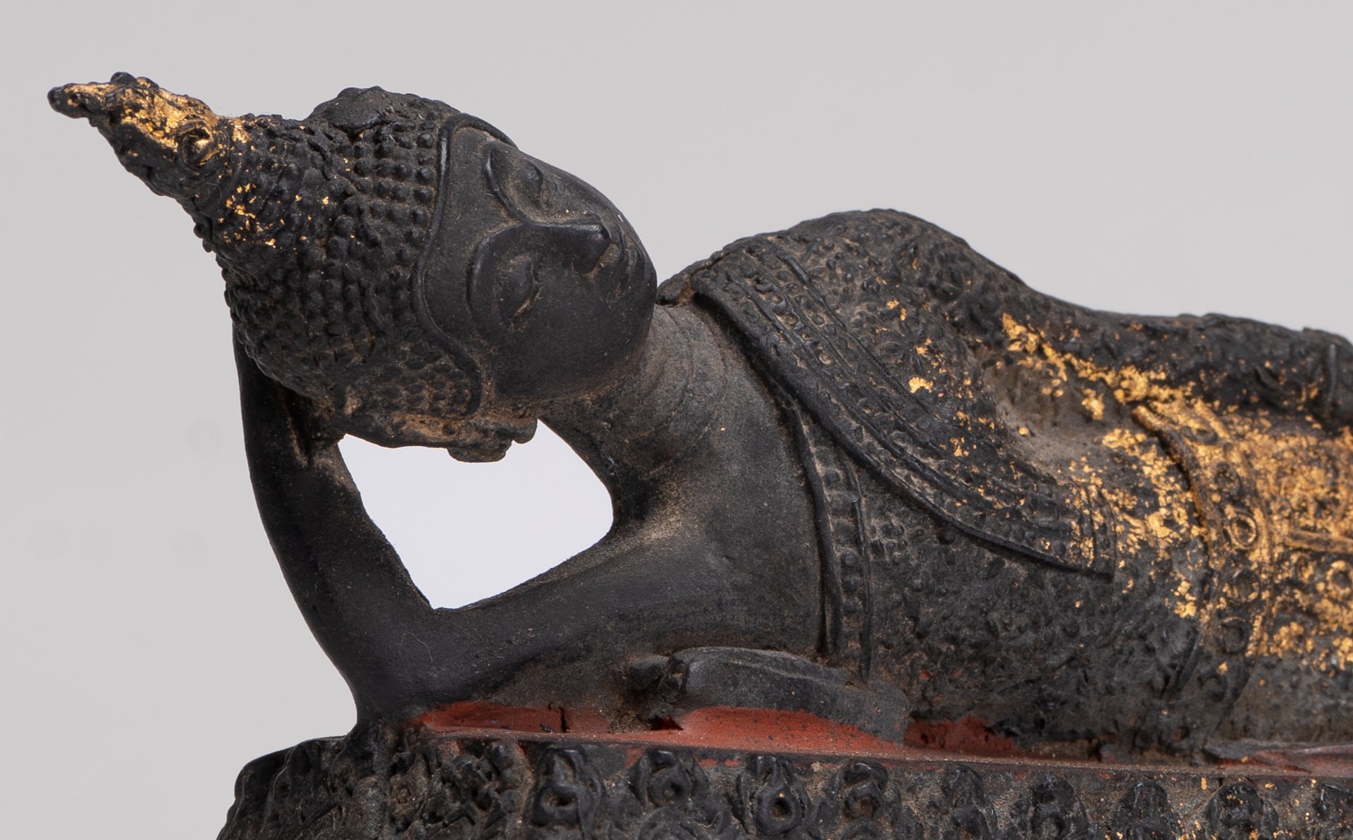 Buddha Statue - Antique Thai Style Bronze Rattanakosin Reclining Nirvana Buddha Statue - 19cm/8"