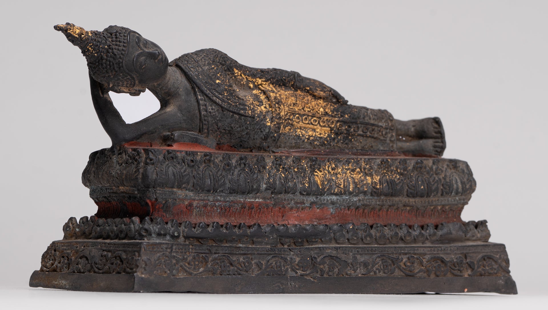 Buddha Statue - Antique Thai Style Bronze Rattanakosin Reclining Nirvana Buddha Statue - 19cm/8"