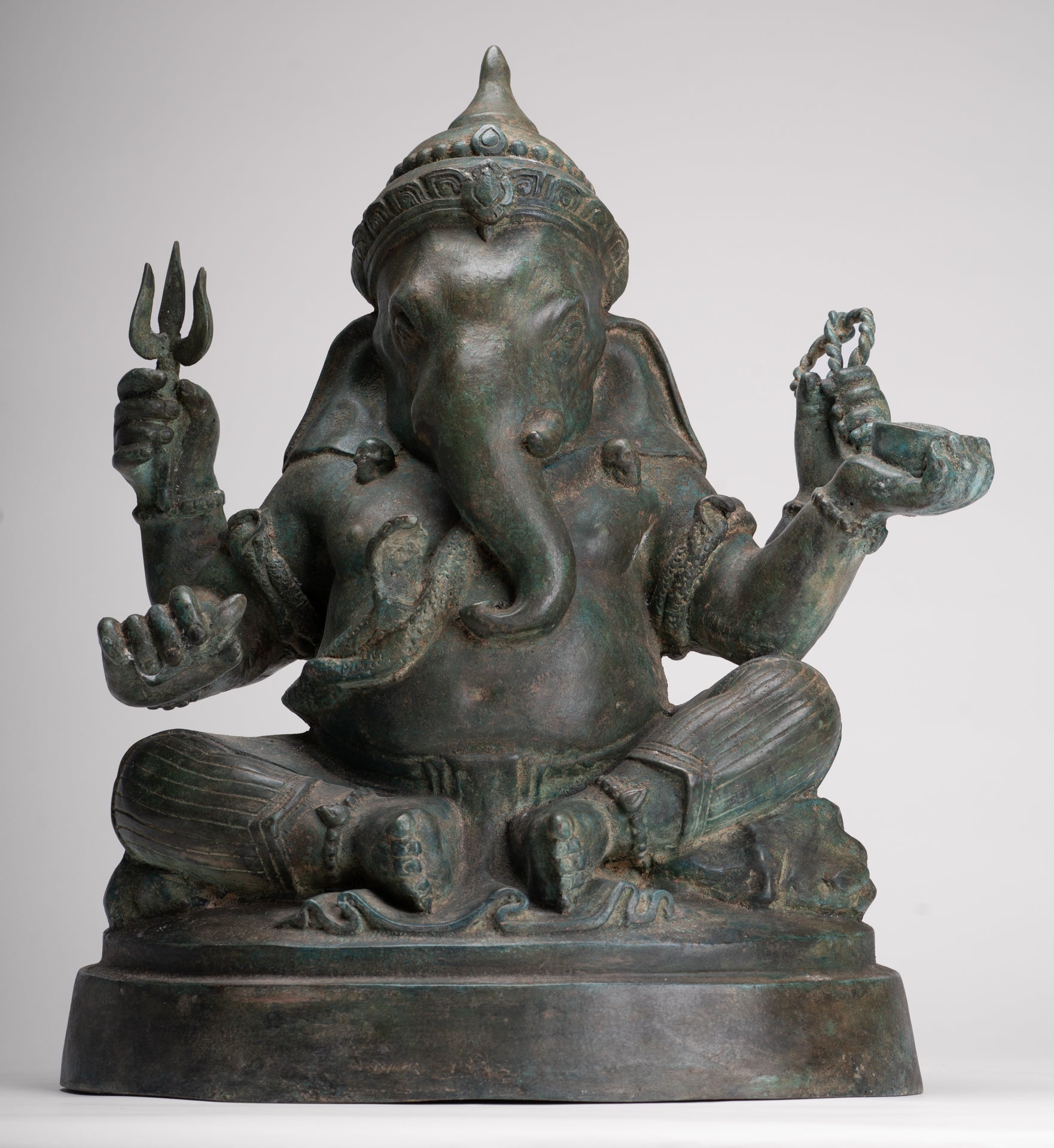 Ganesha Statue - Antique Thai Style Bronze Seated 4-Arm Ganesha Statue - 45cm/18"