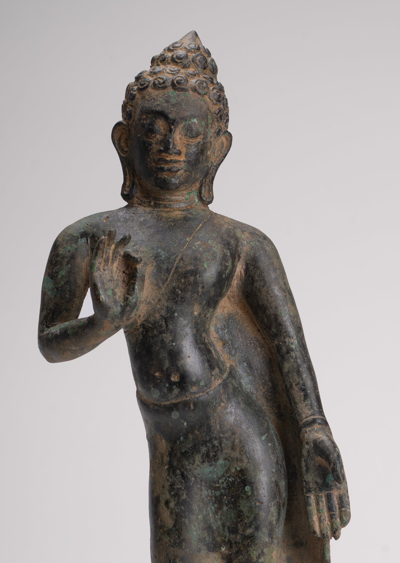 Buddha Statue - Antique Thai Style Standing Bronze Mon Dvaravati Teaching Buddha Statue - 32cm/13"