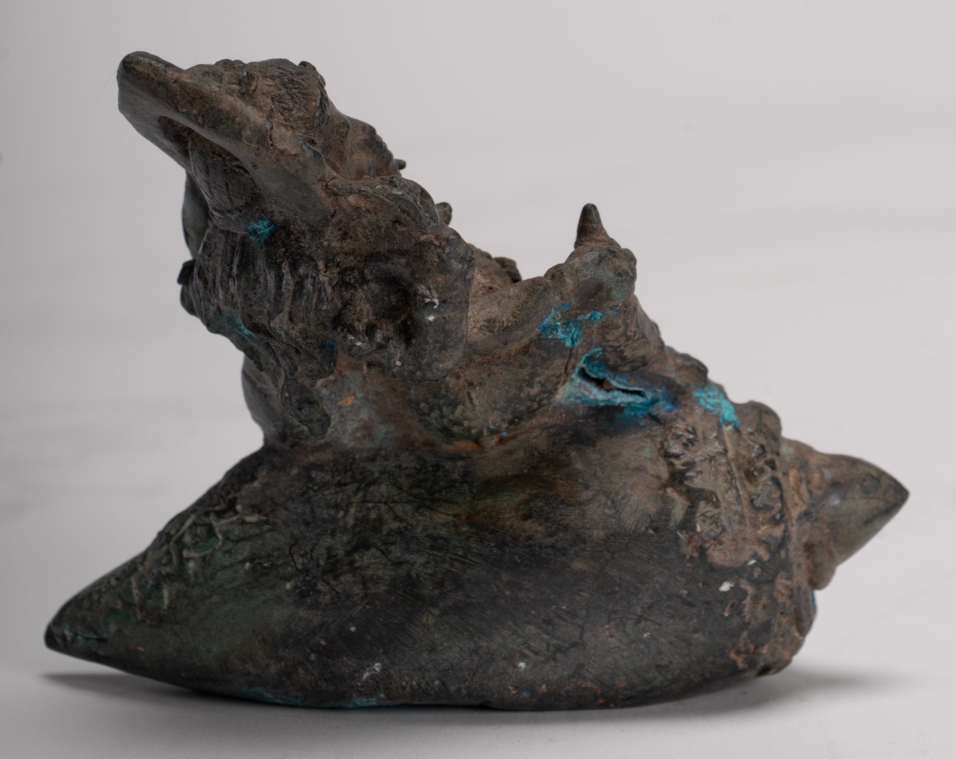 Ganesha Statue - Antique Thai Style Bronze Ganesha Statue Sat on Conch - 10cm/4"