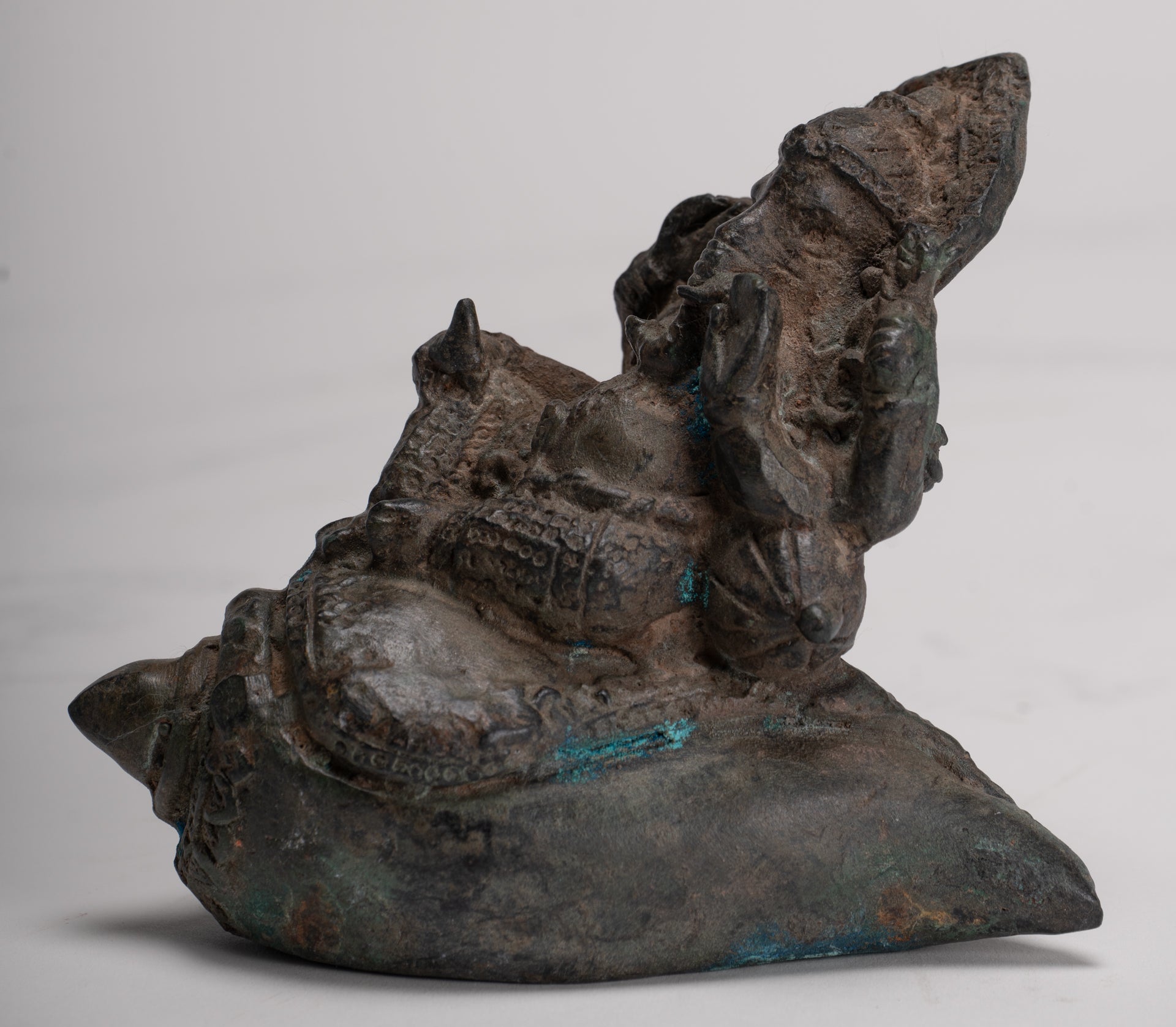 Ganesha Statue - Antique Thai Style Bronze Ganesha Statue Sat on Conch - 10cm/4"