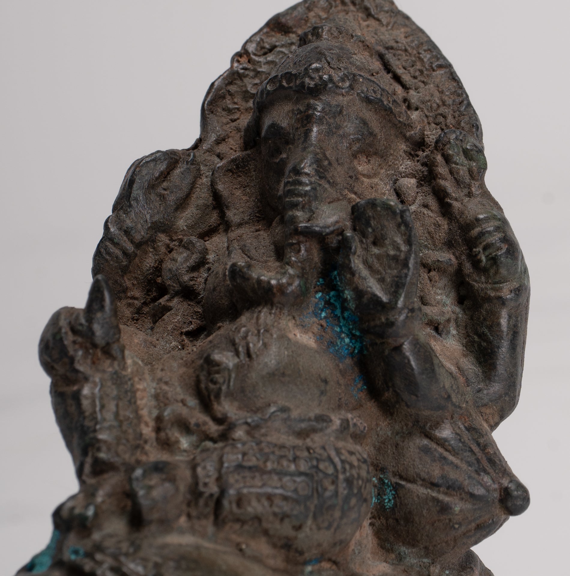 Ganesha Statue - Antique Thai Style Bronze Ganesha Statue Sat on Conch - 10cm/4"