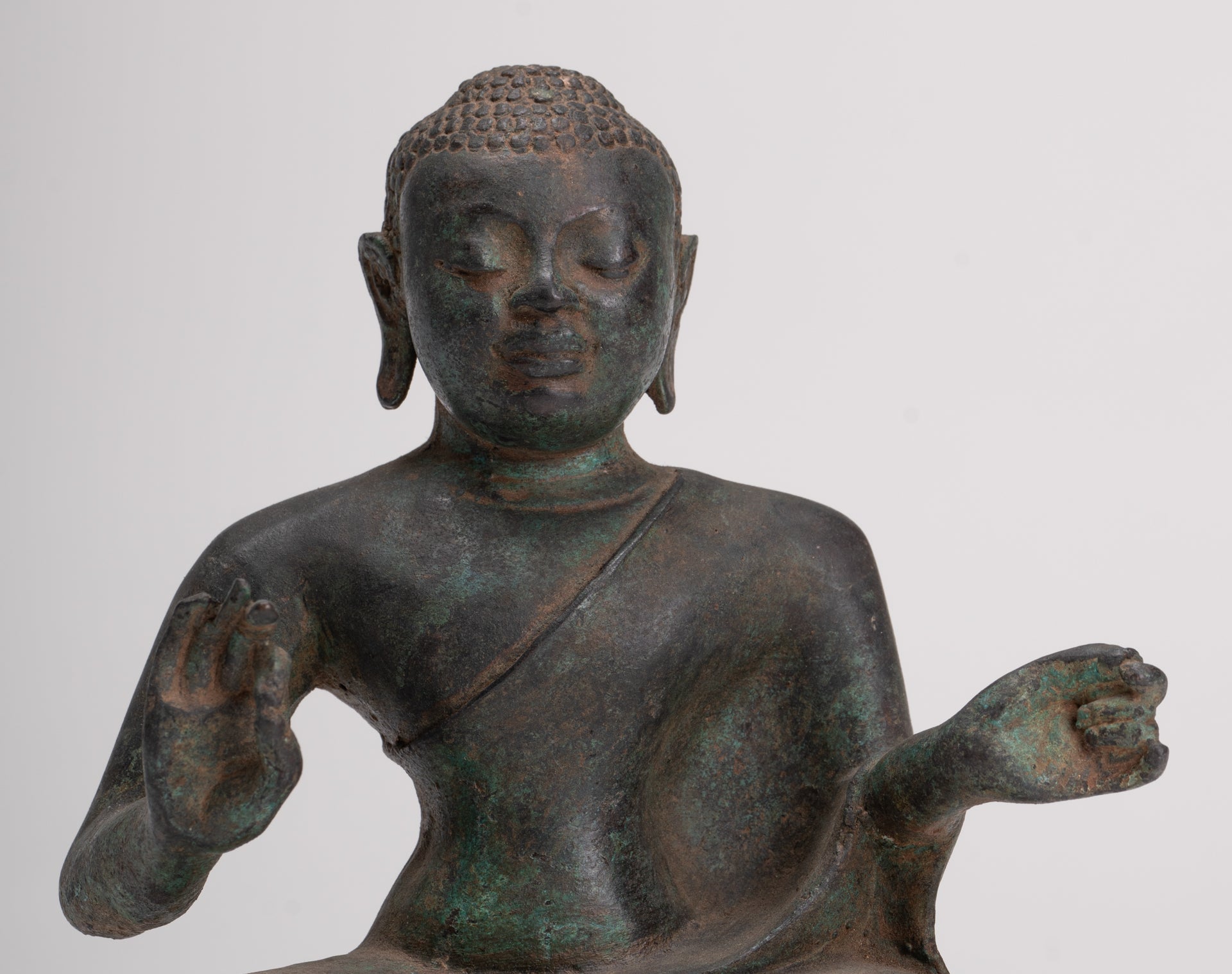 Buddha Statue - Antique Sri Lanka Style Seated Bronze Teaching Buddha Statue - 16cm/6"