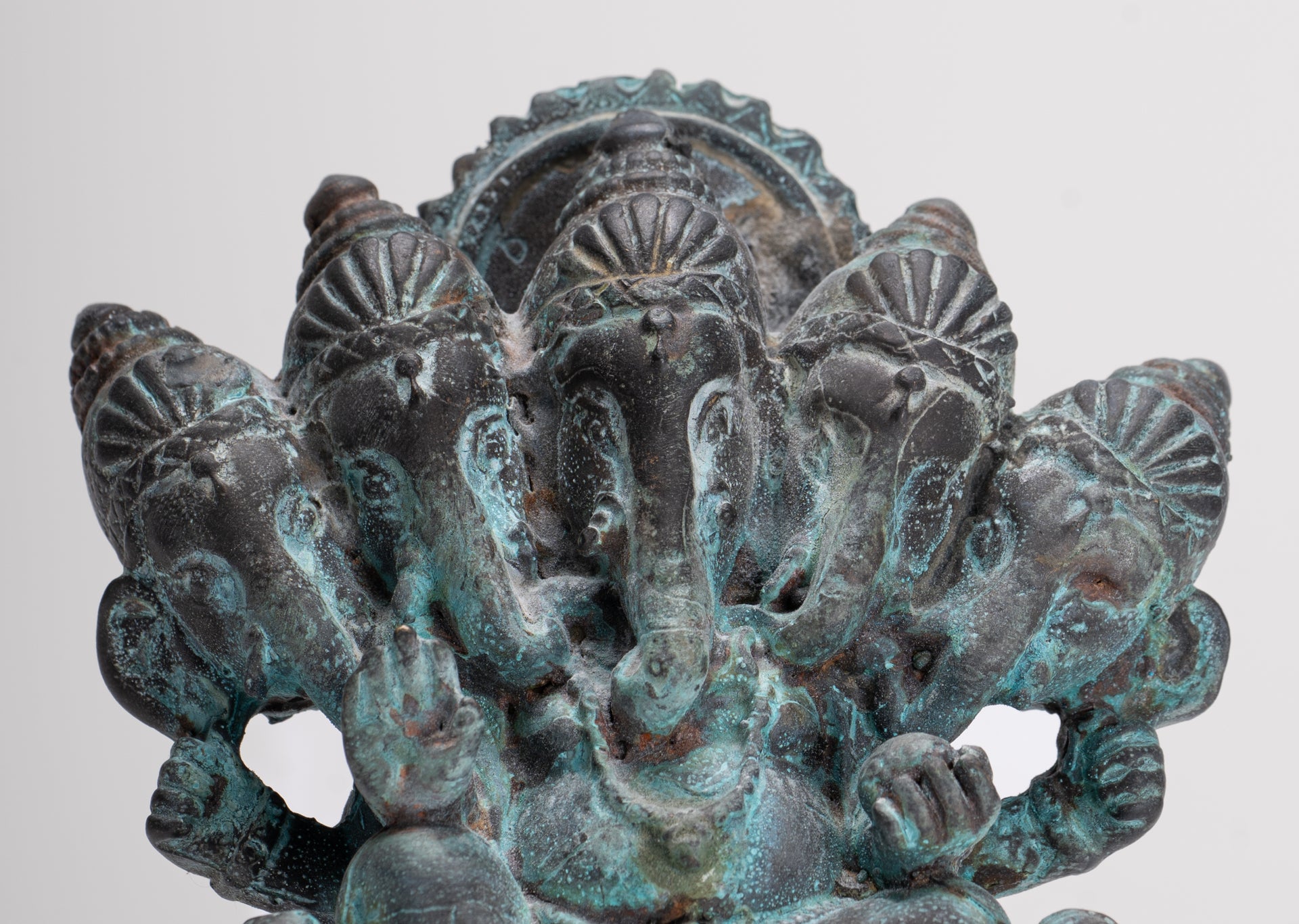 Ganesh - Antique Thai Style Bronze Seated Gold Heramba Ganapati Statue  - 12.5cm/5"