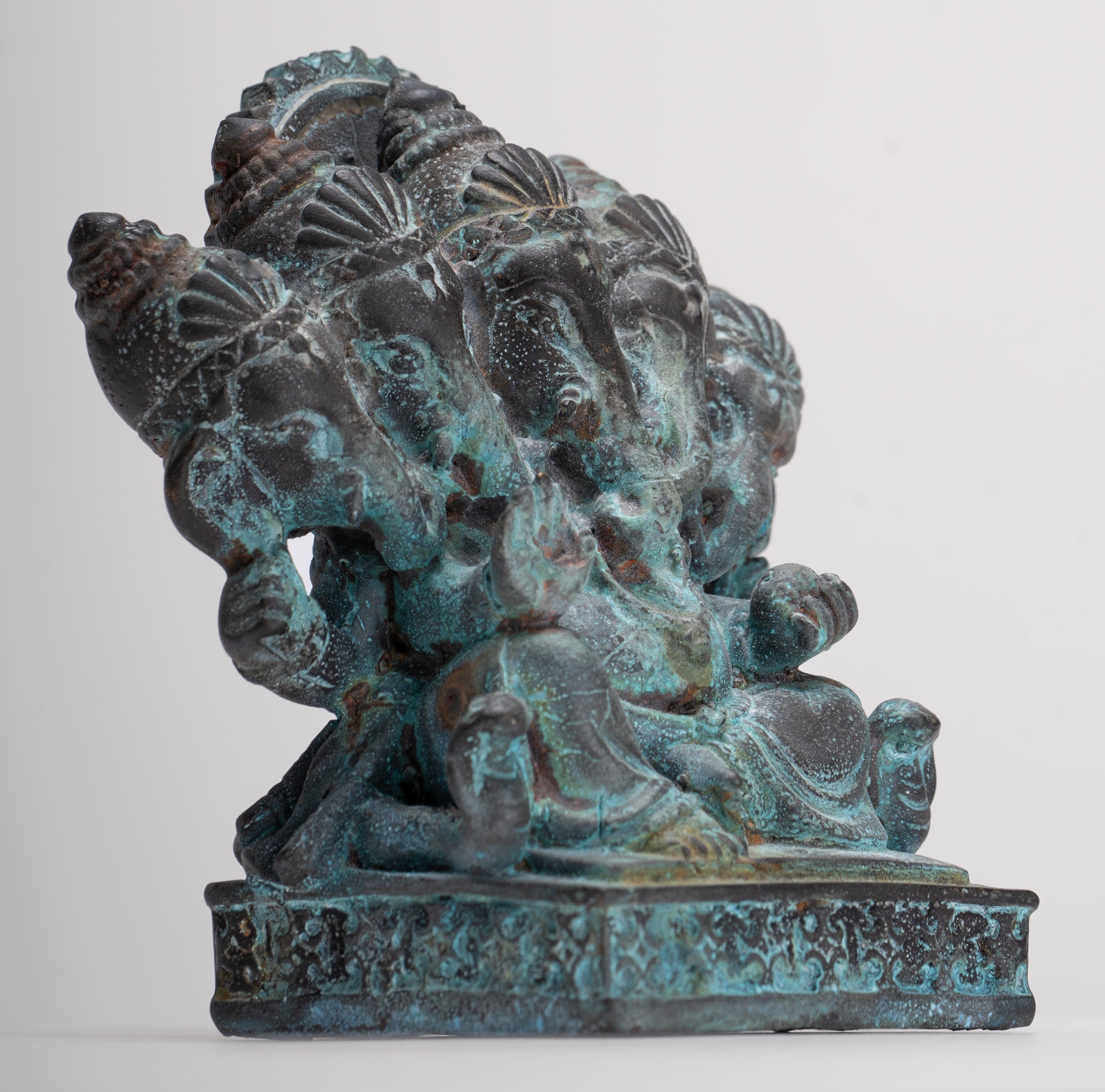 Ganesh - Antique Thai Style Bronze Seated Gold Heramba Ganapati Statue  - 12.5cm/5"