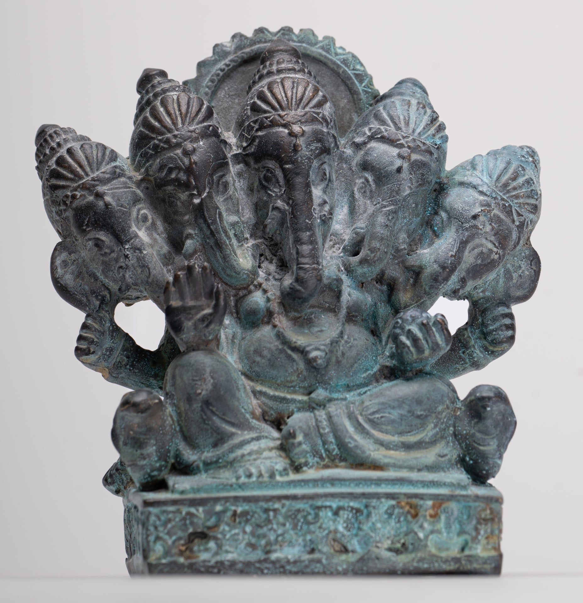 Ganesh - Antique Thai Style Bronze Seated Heramba Ganapati Statue  - 12.5cm/5"