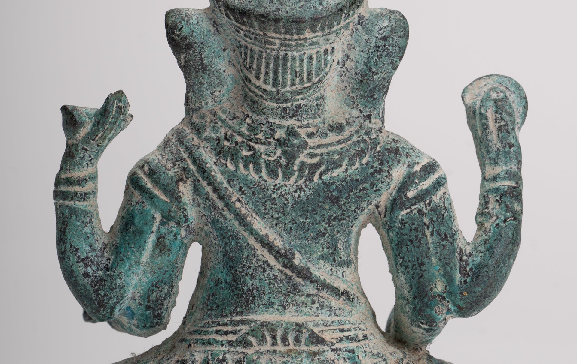 Ganesha Statue - Antique Khmer Style Angkor Wat Bronze Seated Four Arm Ganesh Statue - 14.5cm/6"