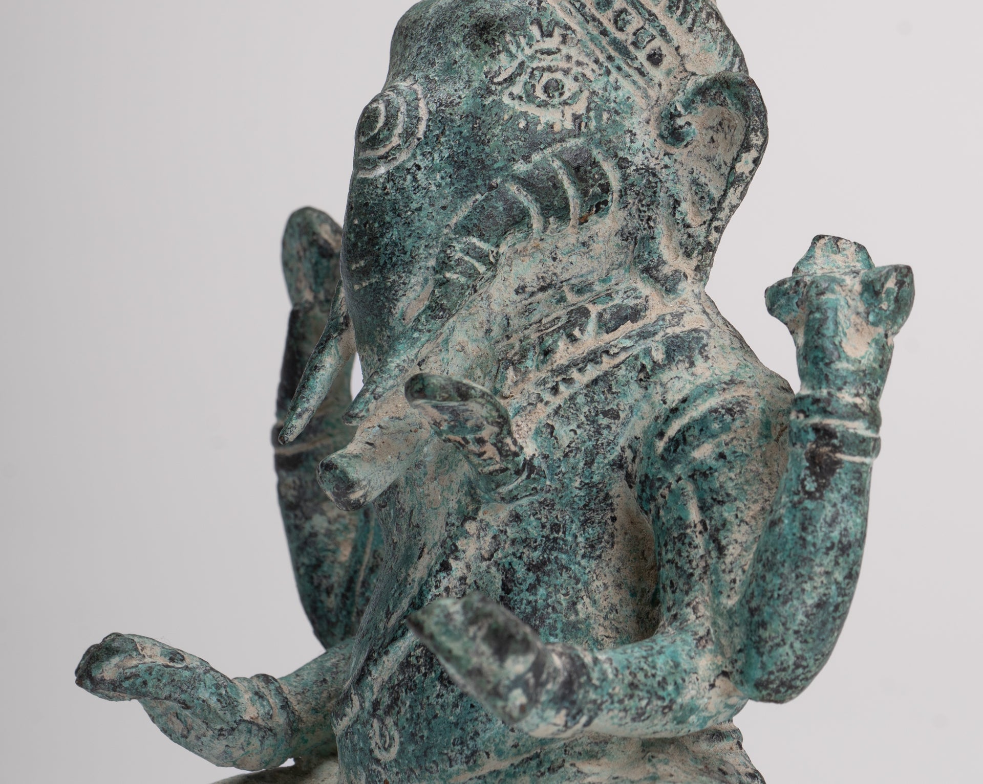 Ganesha Statue - Antique Khmer Style Angkor Wat Bronze Seated Four Arm Ganesh Statue - 14.5cm/6"