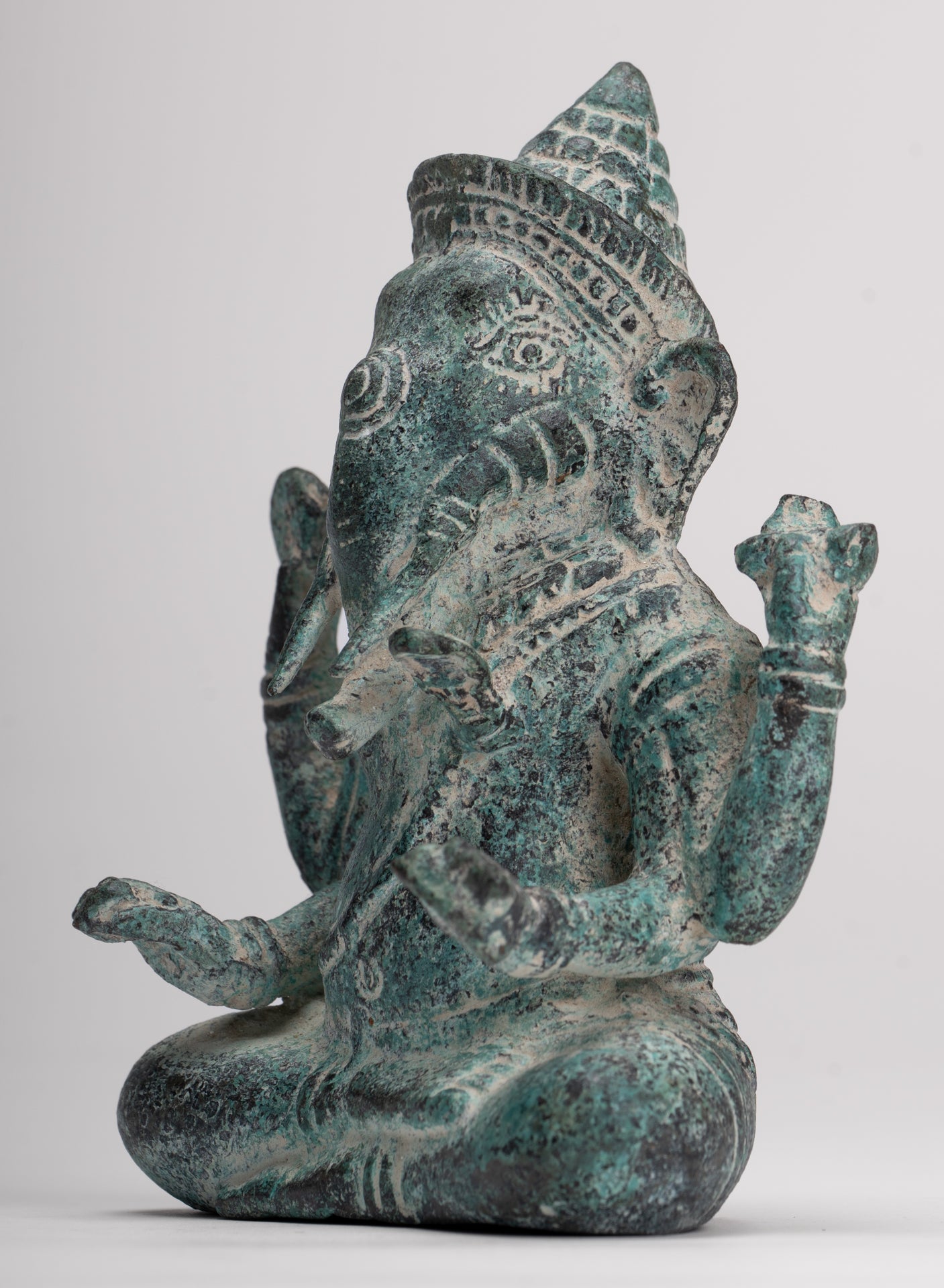 Ganesha Statue - Antique Khmer Style Angkor Wat Bronze Seated Four Arm Ganesh Statue - 14.5cm/6"