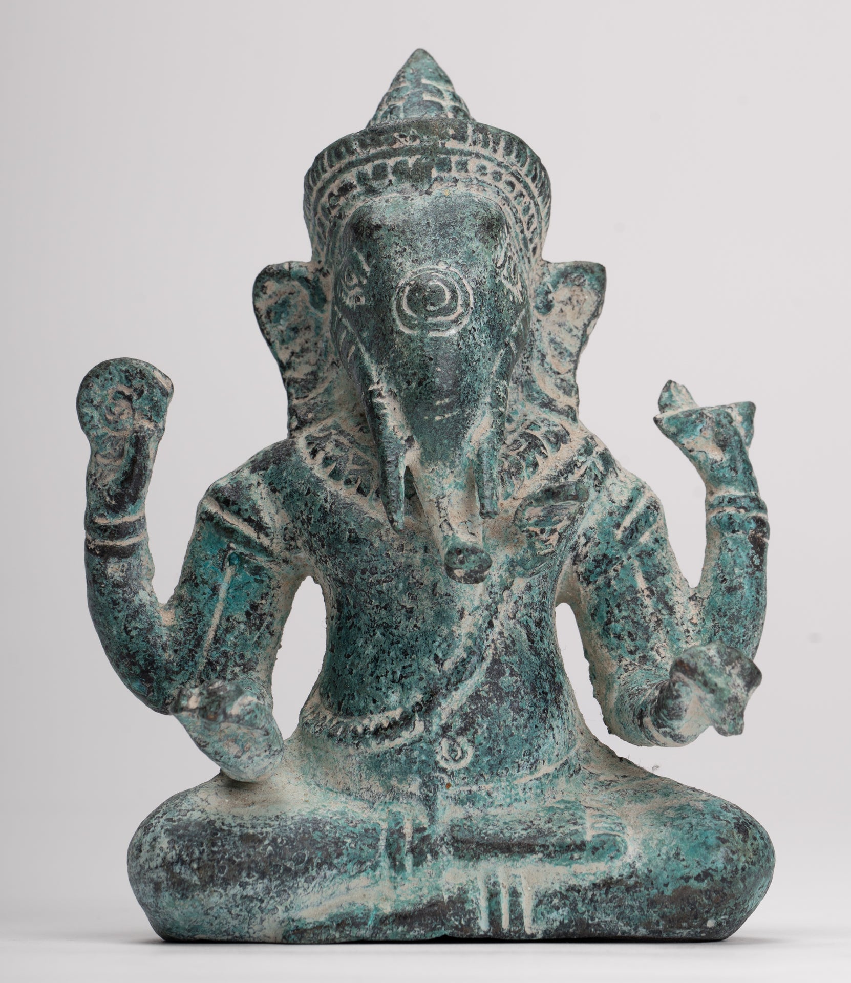 Ganesha Statue - Antique Khmer Style Angkor Wat Bronze Seated Four Arm Ganesh Statue - 14.5cm/6"