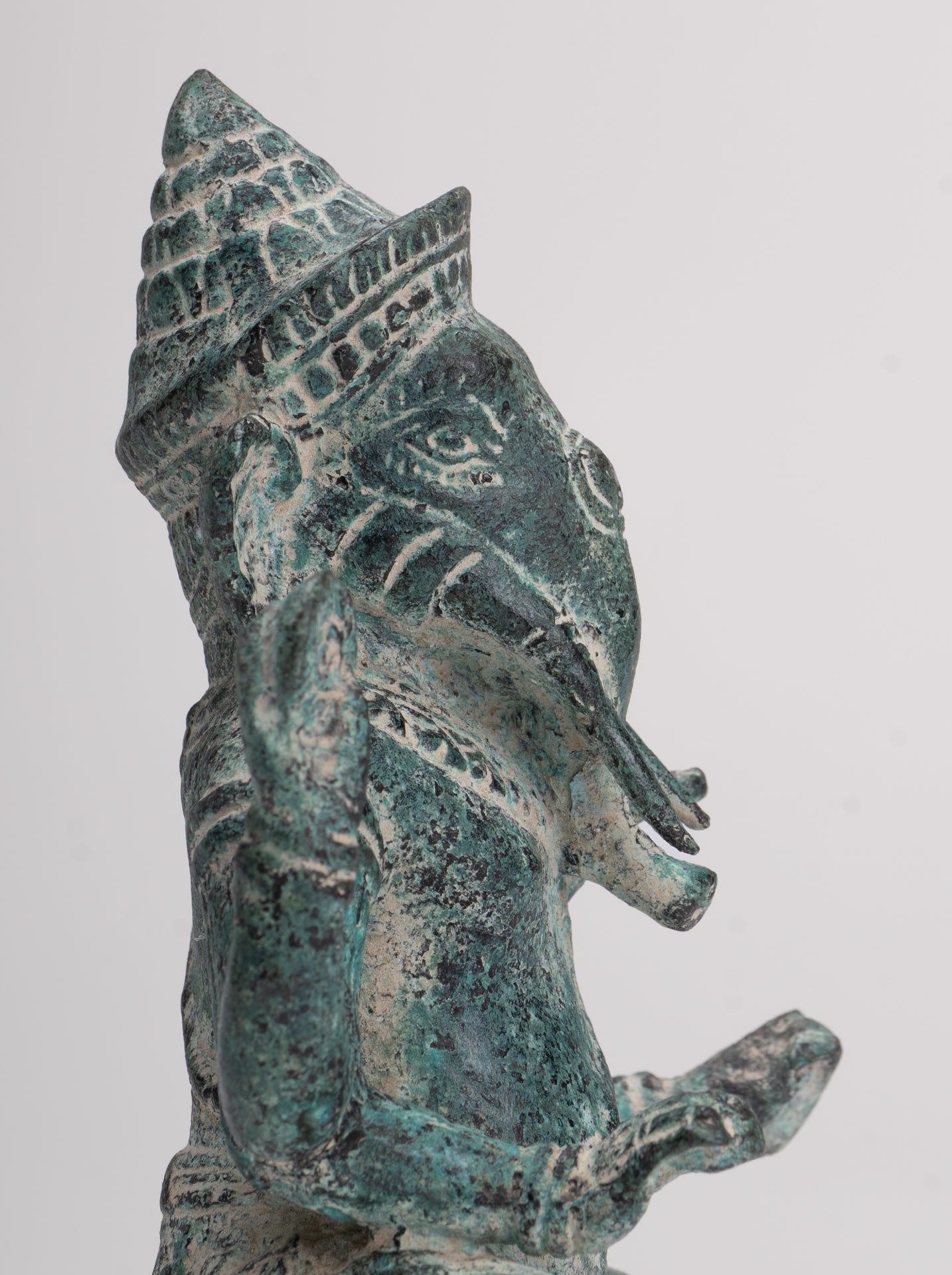 Ganesha Statue - Antique Khmer Style Angkor Wat Bronze Seated Four Arm Ganesh Statue - 14.5cm/6"