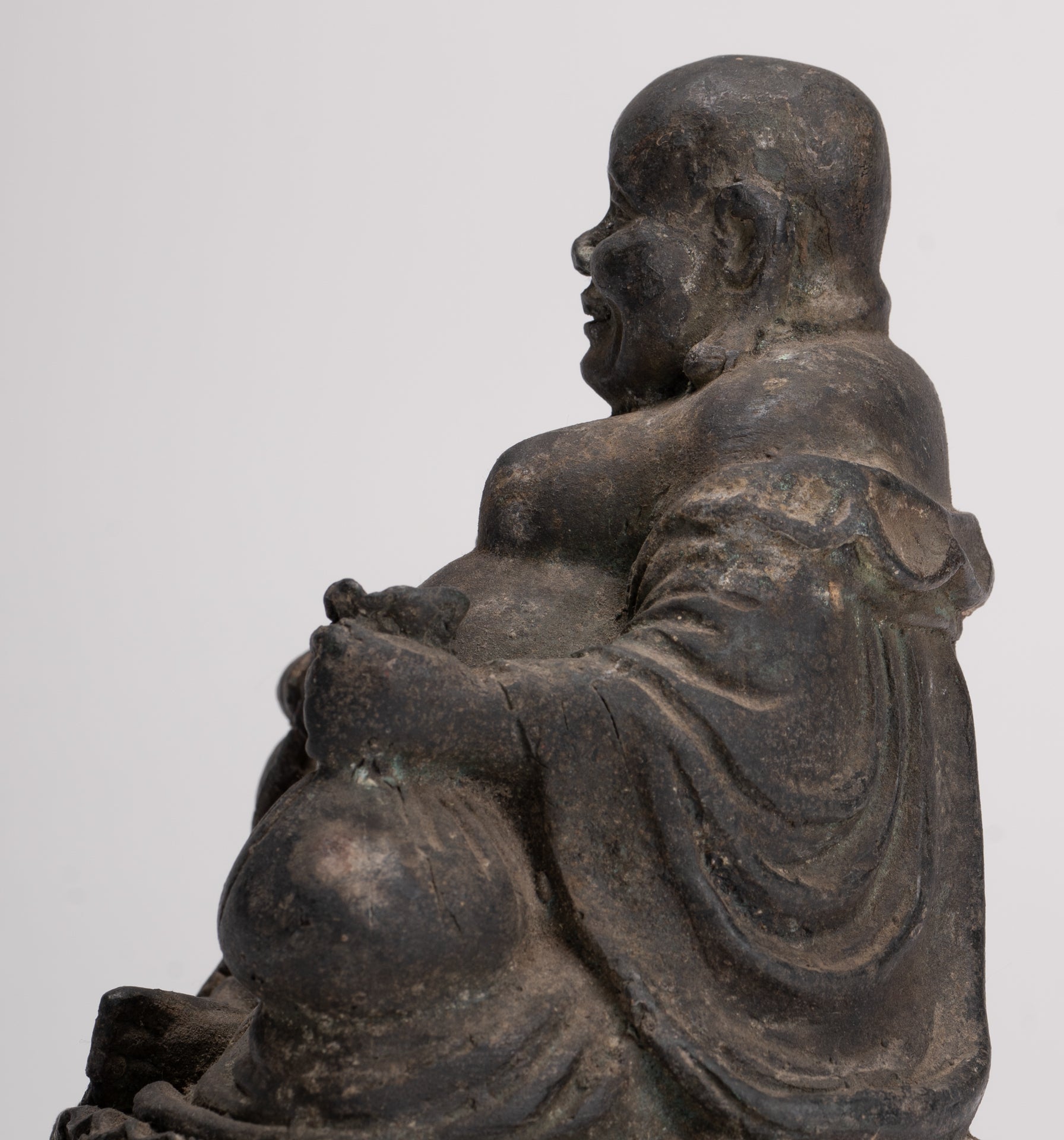 Buddha Statue - Antique Chinese Style Bronze Happy, Fat, Laughing Buddha Budai Statue - 16cm/6"
