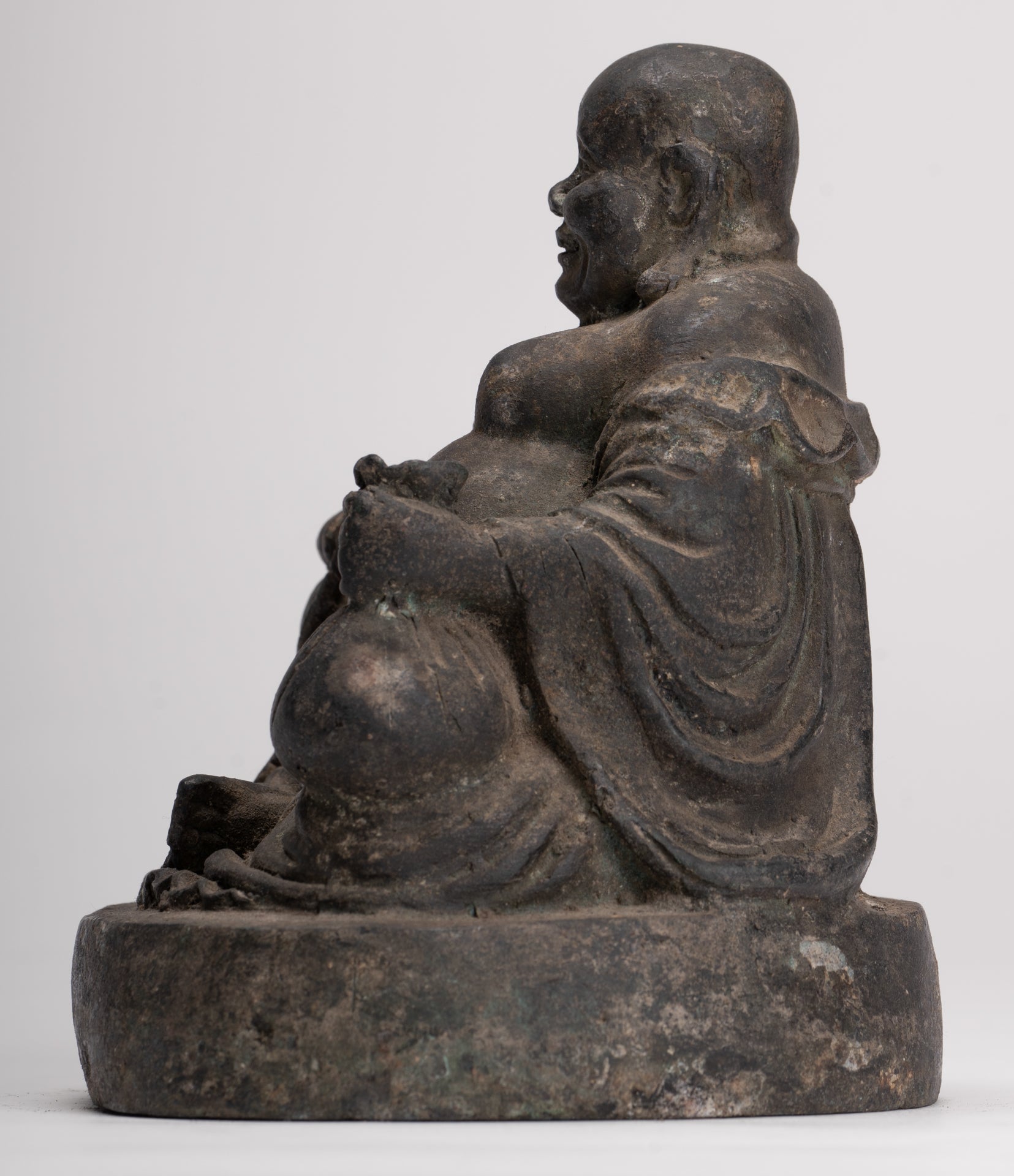 Buddha Statue - Antique Chinese Style Bronze Happy, Fat, Laughing Buddha Budai Statue - 16cm/6"