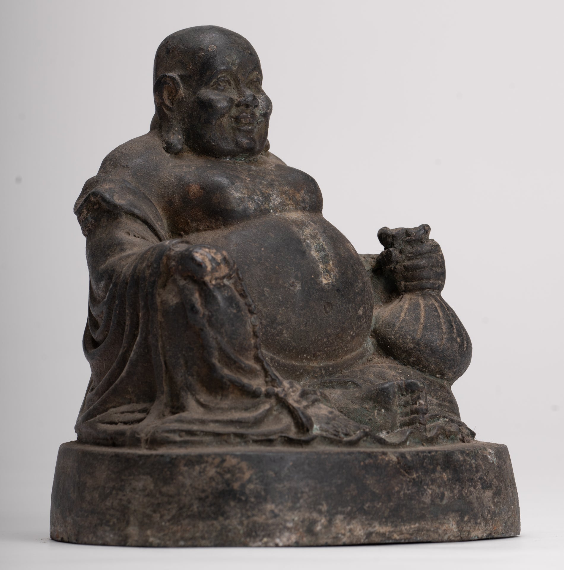 Buddha Statue - Antique Chinese Style Bronze Happy, Fat, Laughing Buddha Budai Statue - 16cm/6"