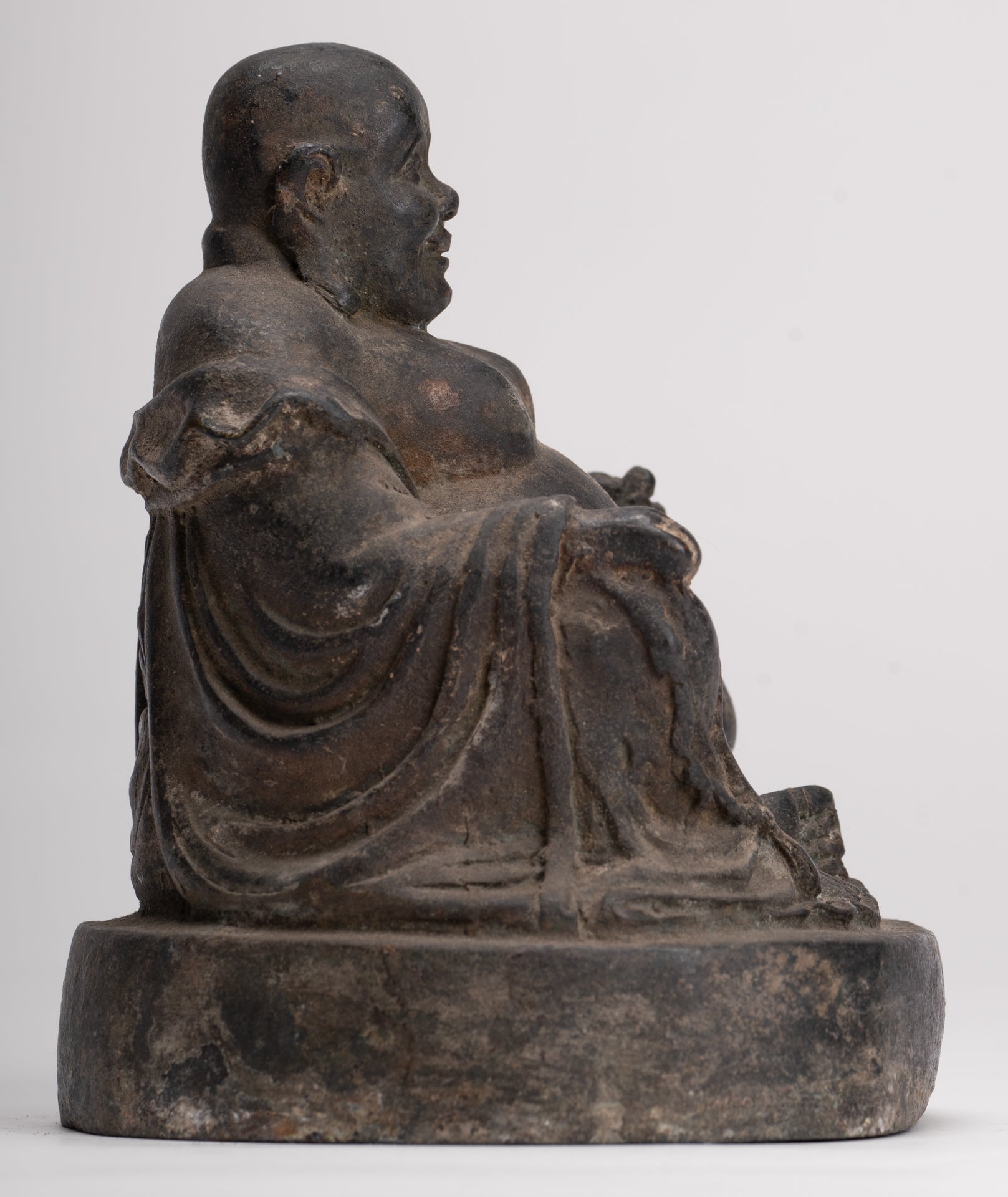 Buddha Statue - Antique Chinese Style Bronze Happy, Fat, Laughing Buddha Budai Statue - 16cm/6"