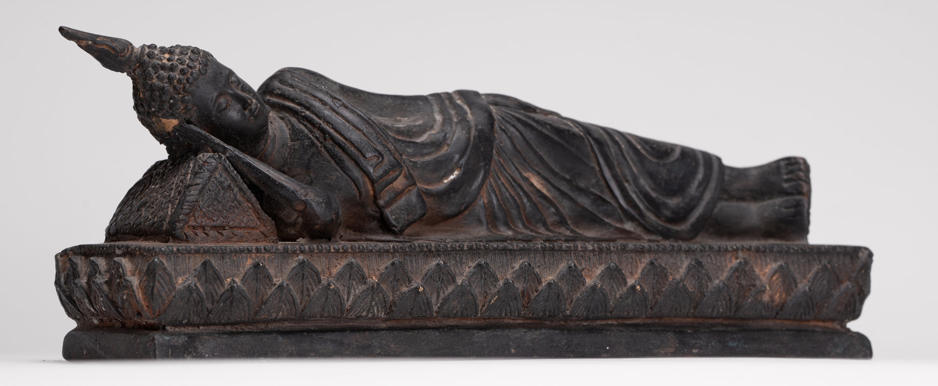Buddha Statue - Antique Thai Style Bronze Sukhothai Reclining Nirvana Buddha Statue - 28cm/11"