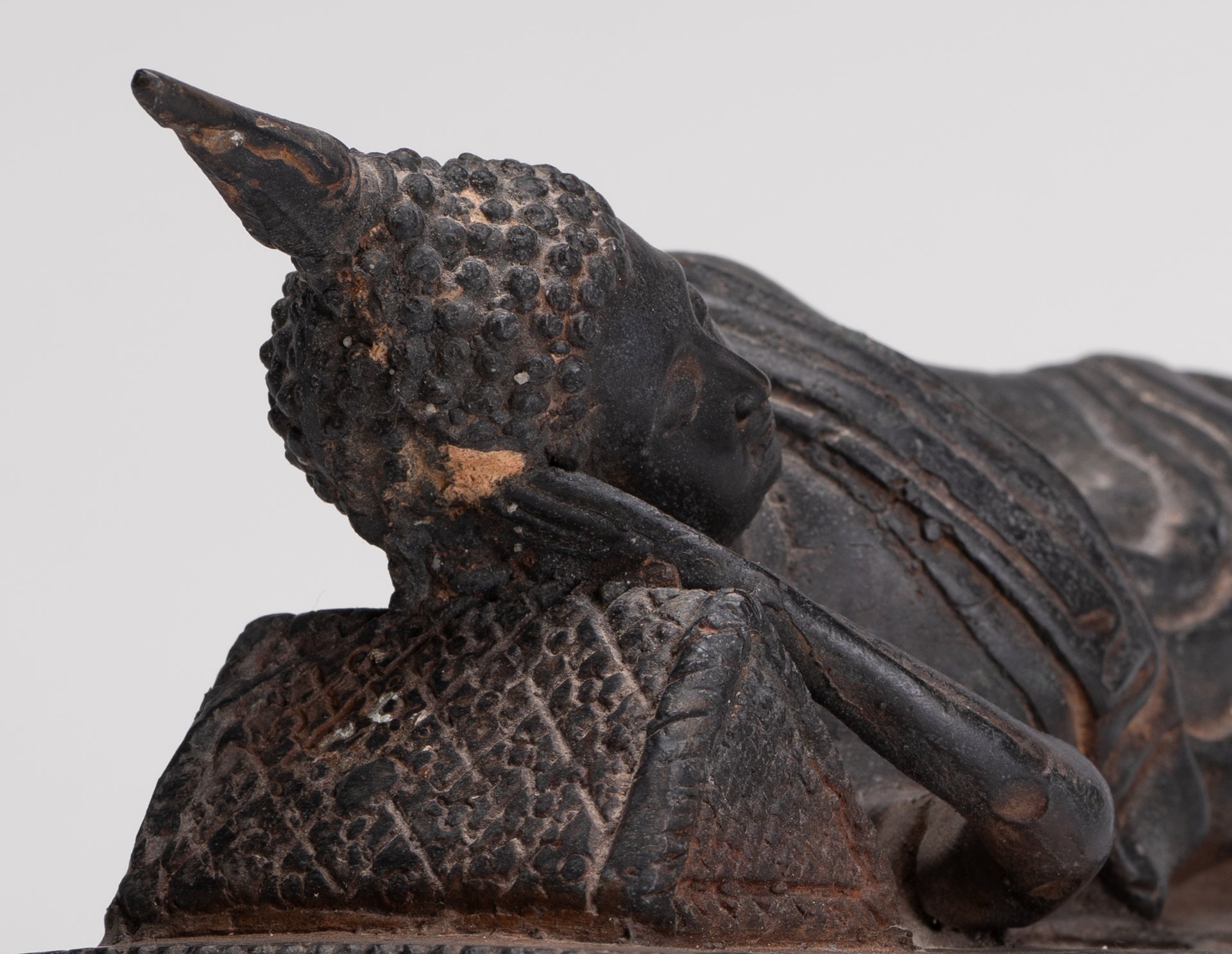 Buddha Statue - Antique Thai Style Bronze Sukhothai Reclining Nirvana Buddha Statue - 28cm/11"