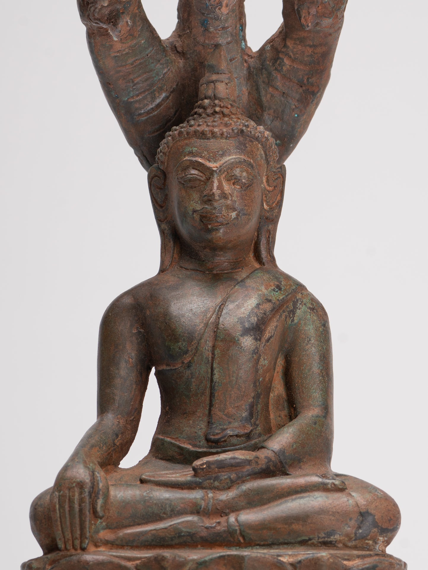 Buddha Statue - Antique Laos Style Bronze Enlightenment Naga Buddha Statue - 34cm/14"