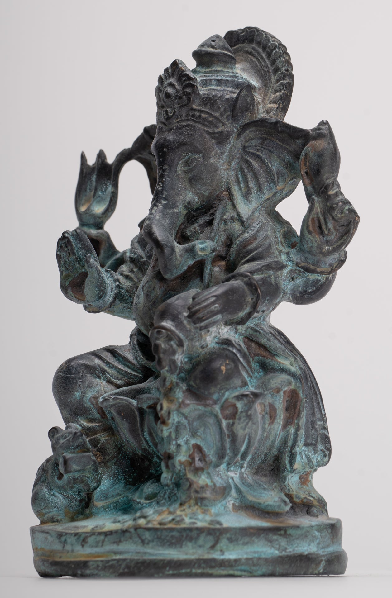 Ganesha Statue - Antique Thai Style Bronze Seated 4-Arm Vara Ganapati Statue - 15.5cm/6"