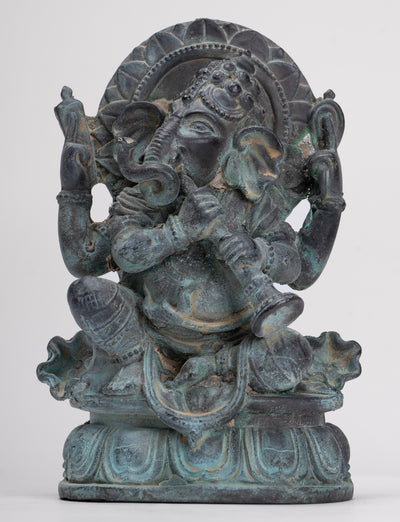 Ganesh - Antique Thai Style Bronze Seated Ganesh Statue  - 15.5cm/6"
