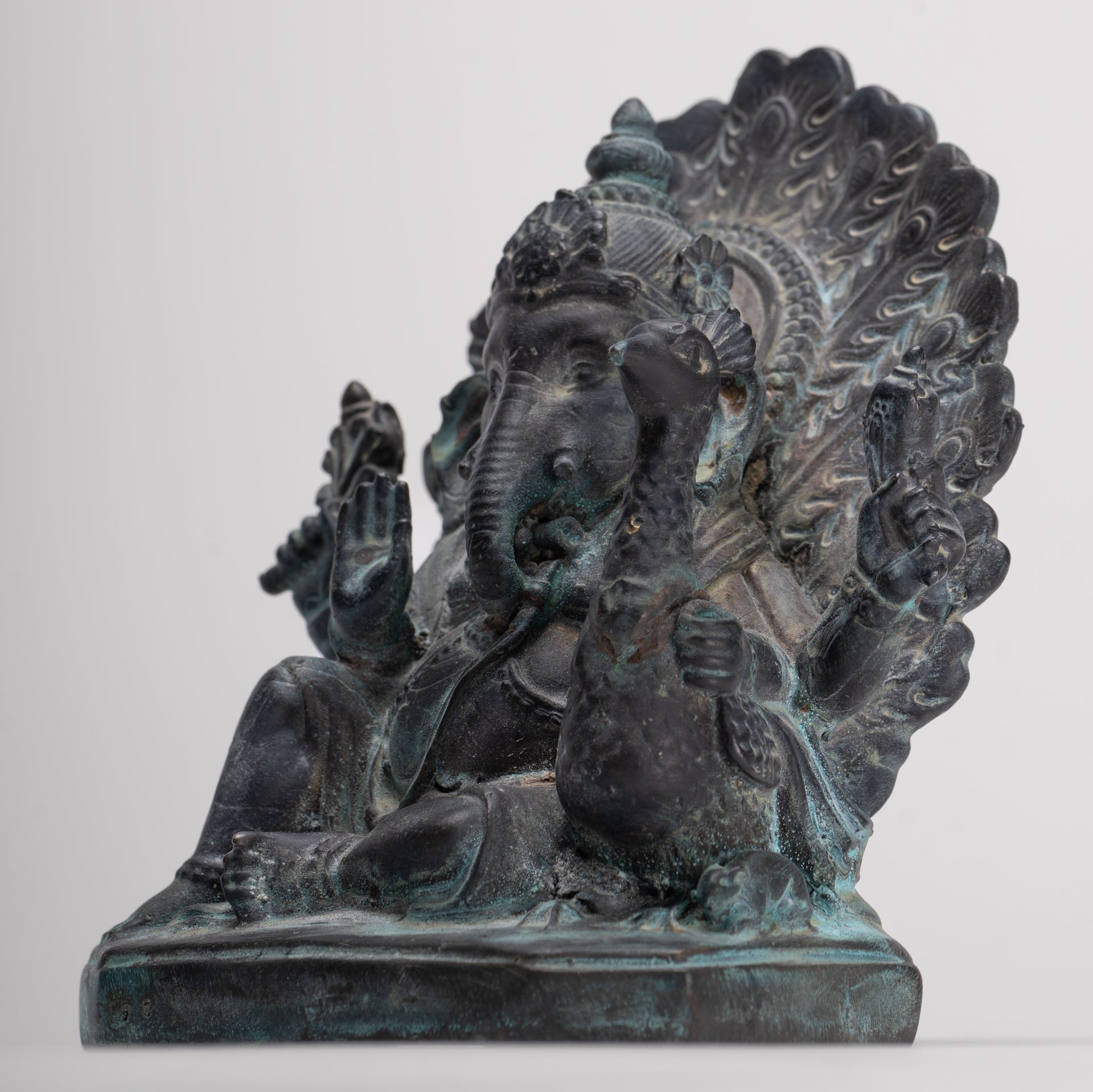 Ganesh - Antique Thai Style Bronze Seated Mayuresha Ganapathy Statue  - 13cm/5"