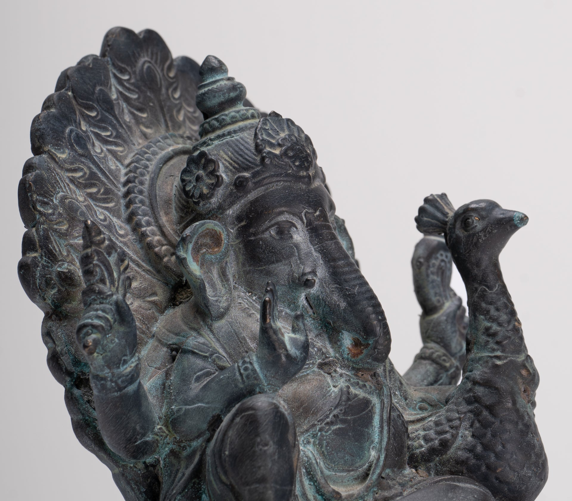 Ganesh - Antique Thai Style Bronze Seated Mayuresha Ganapathy Statue  - 13cm/5"