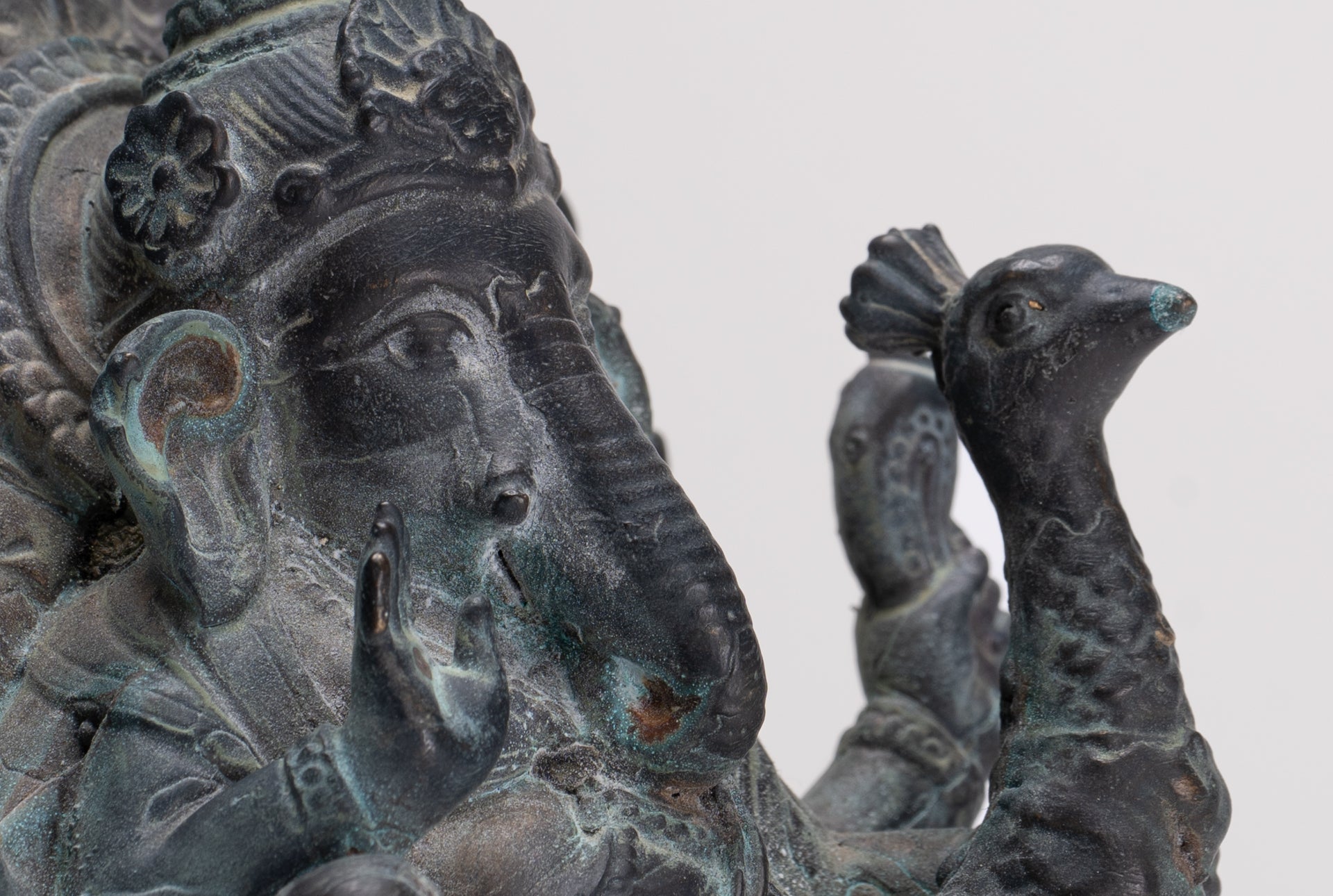 Ganesh - Antique Thai Style Bronze Seated Mayuresha Ganapathy Statue  - 13cm/5"