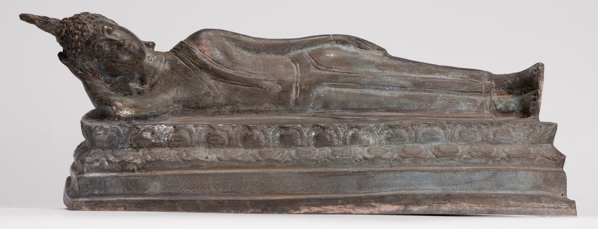 Buddha Statue - Antique Thai Style Bronze Sukhothai Reclining Nirvana Buddha Statue - 27cm/11"