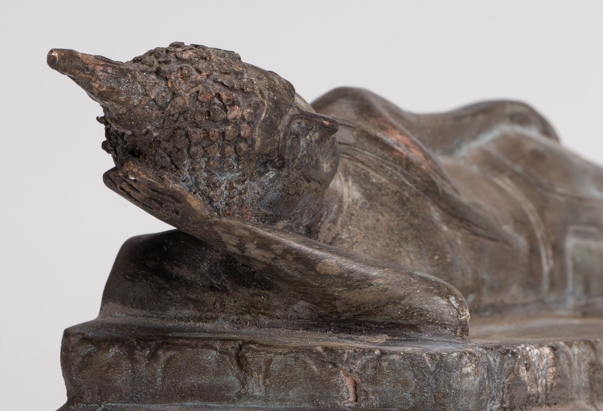 Buddha Statue - Antique Thai Style Bronze Sukhothai Reclining Nirvana Buddha Statue - 27cm/11"