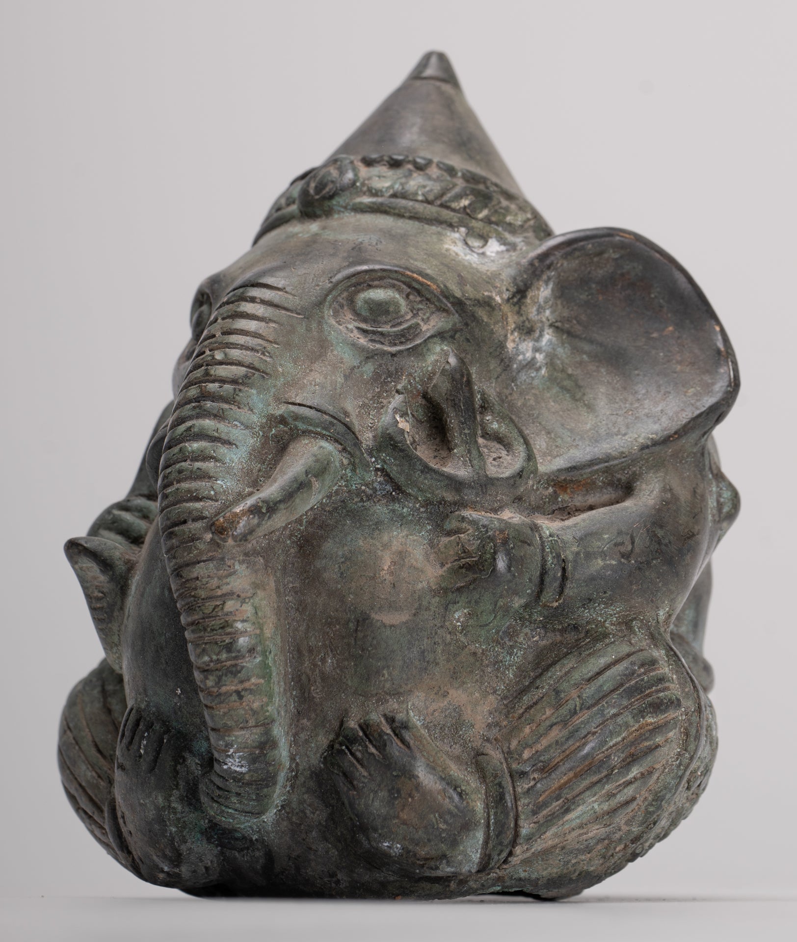 Antique Khmer Style Bronze Seated Round Elephant Statue - 12cm/5" Tall