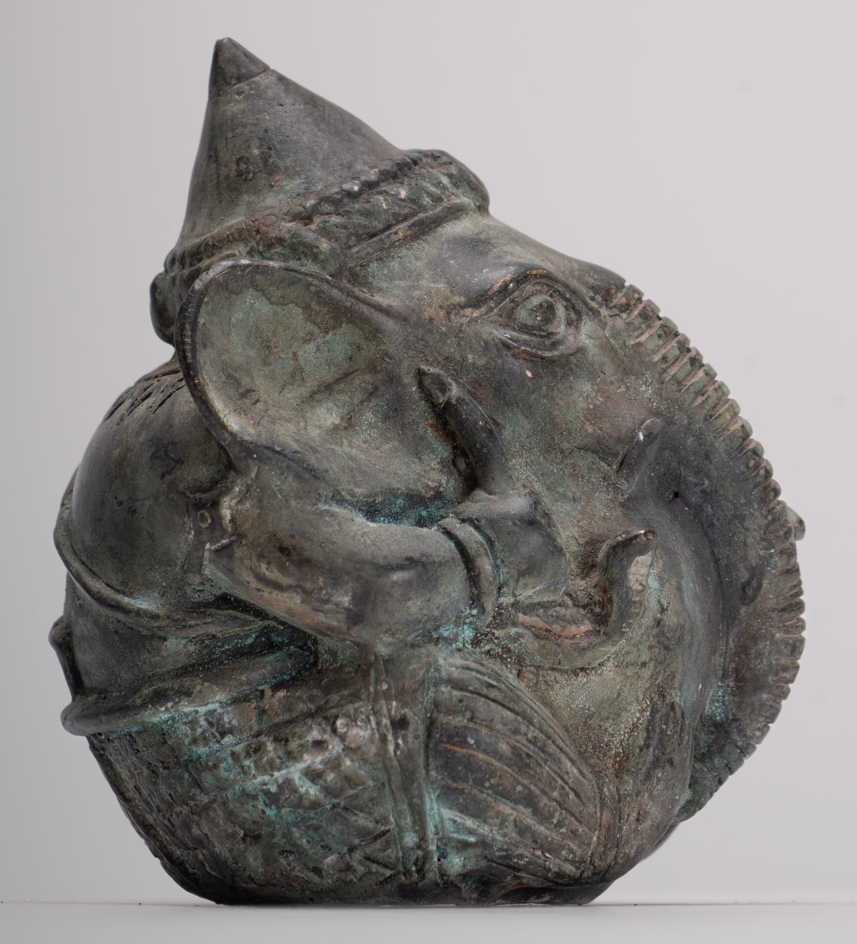 Antique Khmer Style Bronze Seated Round Elephant Statue - 12cm/5" Tall