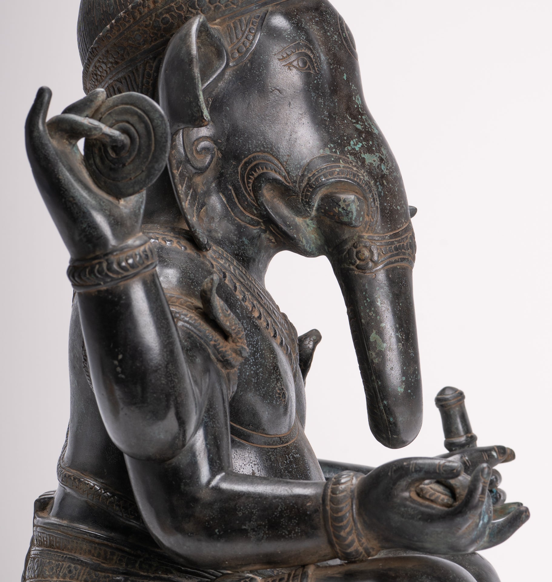 Large Ganesha Statue - Antique Khmer Style Angkor Wat Bronze Seated Four Arm Ganesh Statue - 56cm/22"