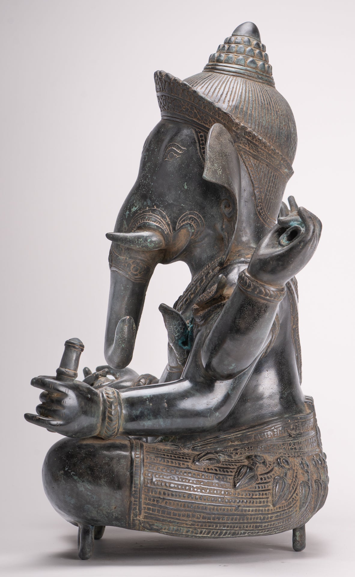 Large Ganesha Statue - Antique Khmer Style Angkor Wat Bronze Seated Four Arm Ganesh Statue - 56cm/22"