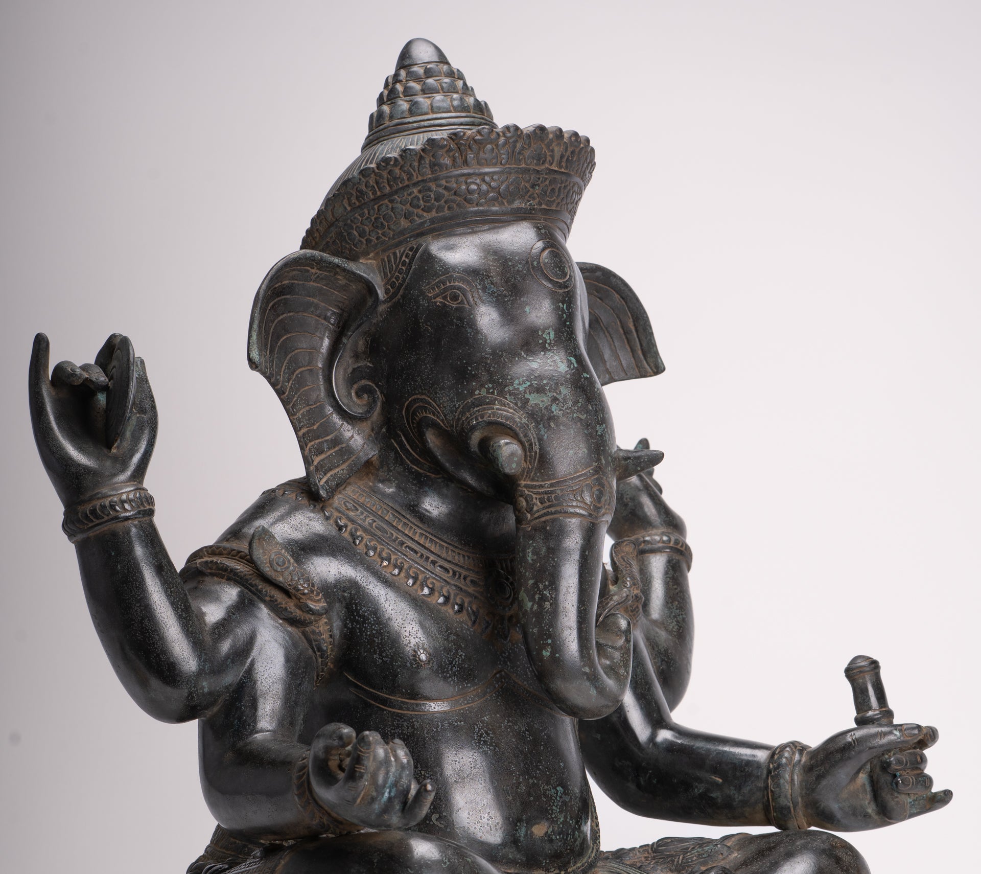 Large Ganesha Statue - Antique Khmer Style Angkor Wat Bronze Seated Four Arm Ganesh Statue - 56cm/22"