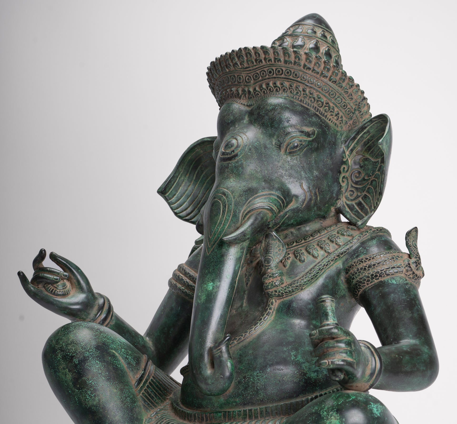Ganesha Statue - Antique Khmer Style Bronze Seated Ganesha Statue - 63cm/24"