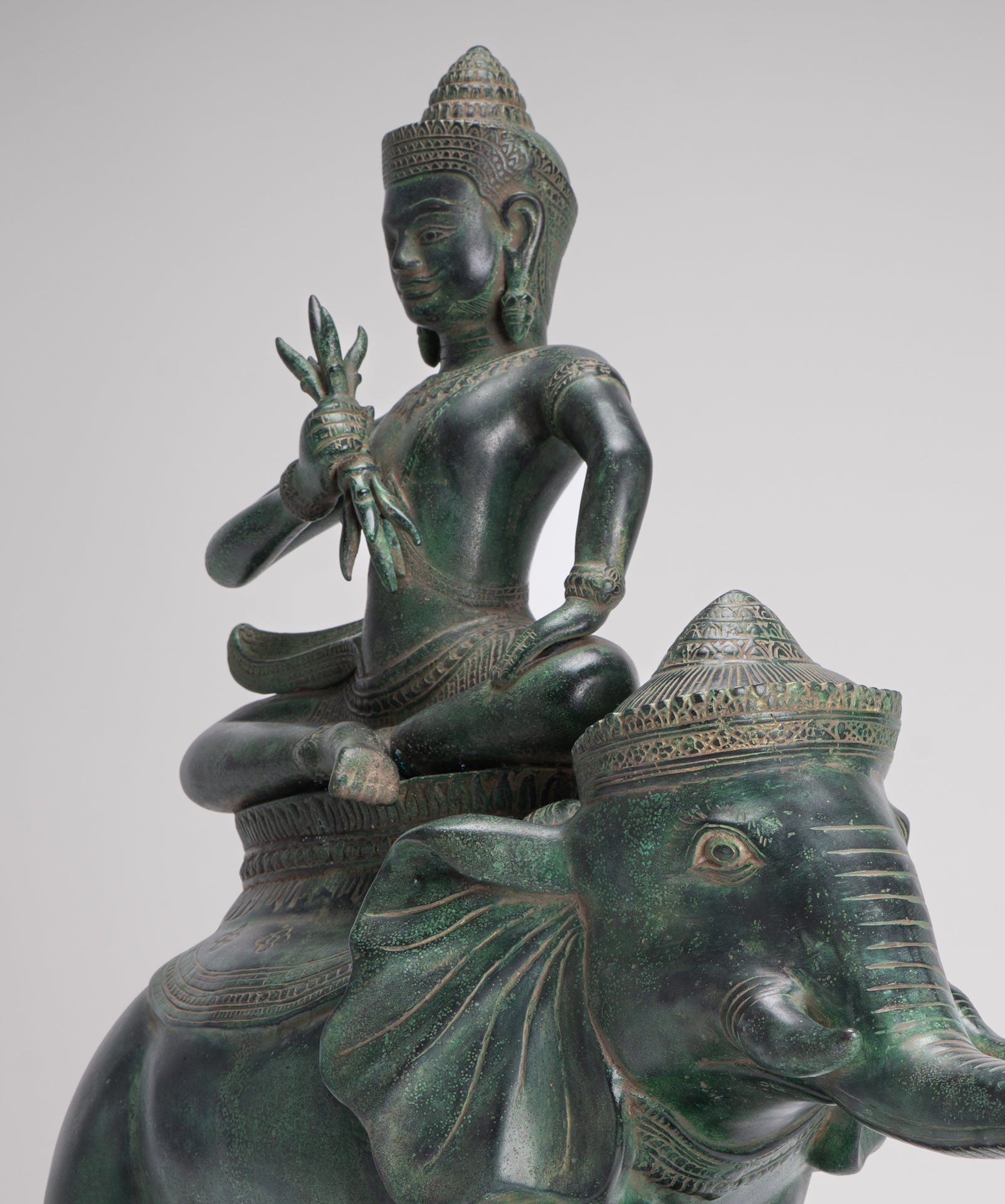 Indra Statue - Antique Khmer Style Bronze Erawan Airavata Statue with Indra - 59cm/24"