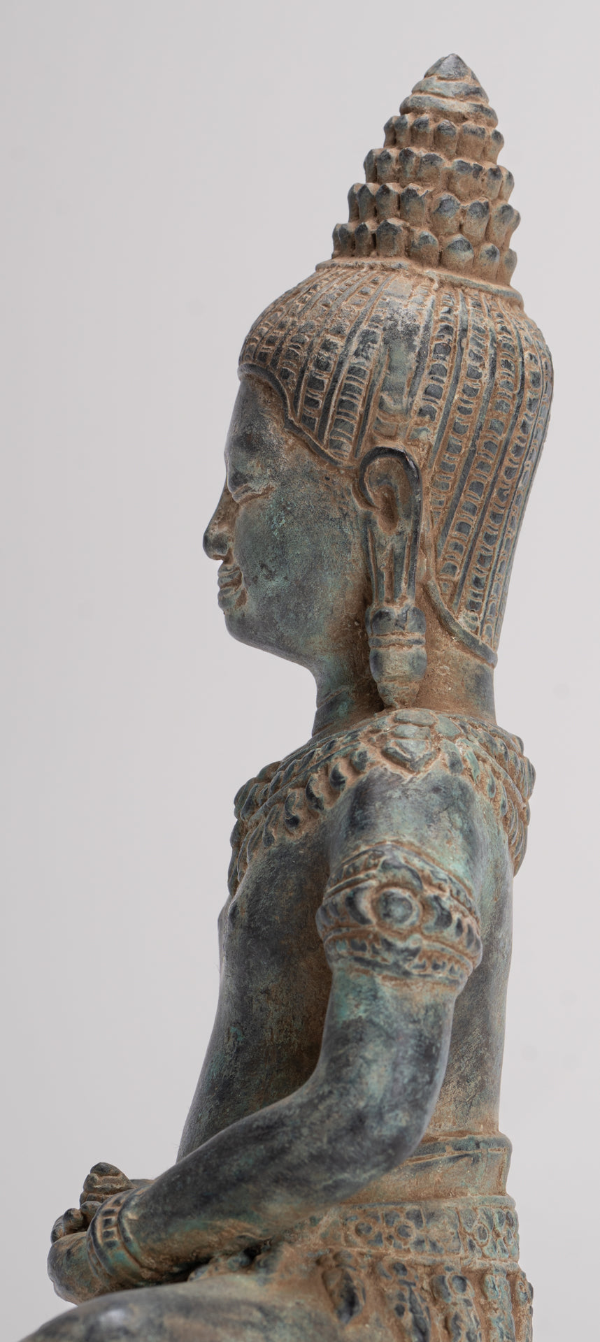 Buddha Statue - Antique Khmer Style Bronze Seated Meditation Bayon Buddha Statue - 22cm/9"