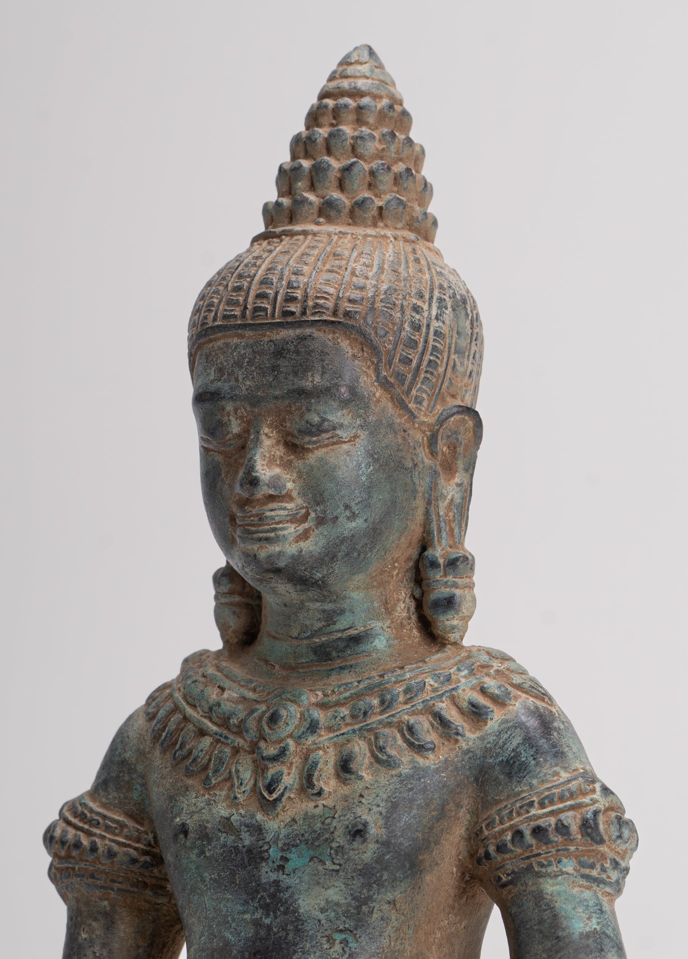 Buddha Statue - Antique Khmer Style Bronze Seated Meditation Bayon Buddha Statue - 22cm/9"