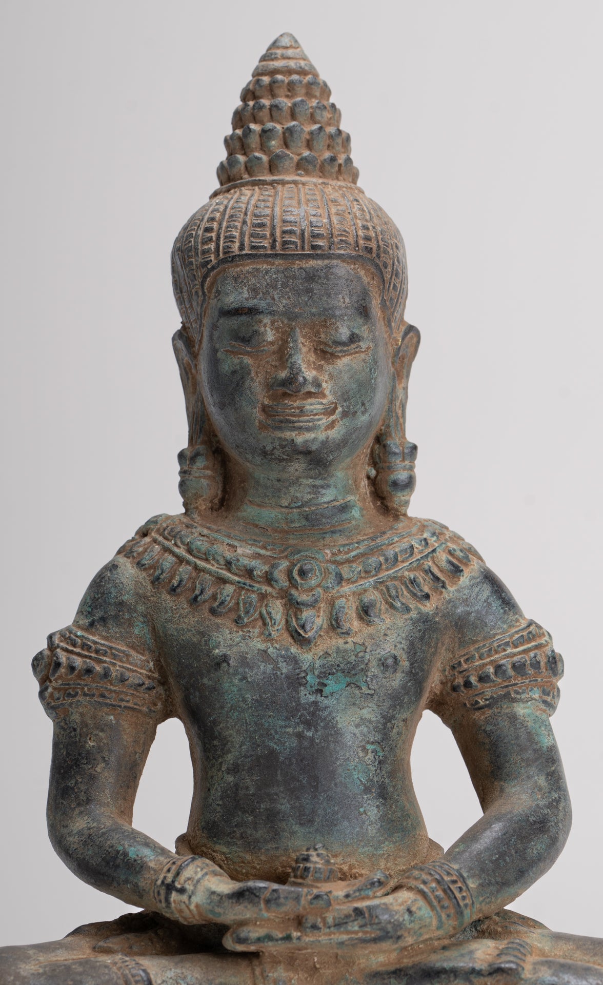 Buddha Statue - Antique Khmer Style Bronze Seated Meditation Bayon Buddha Statue - 22cm/9"