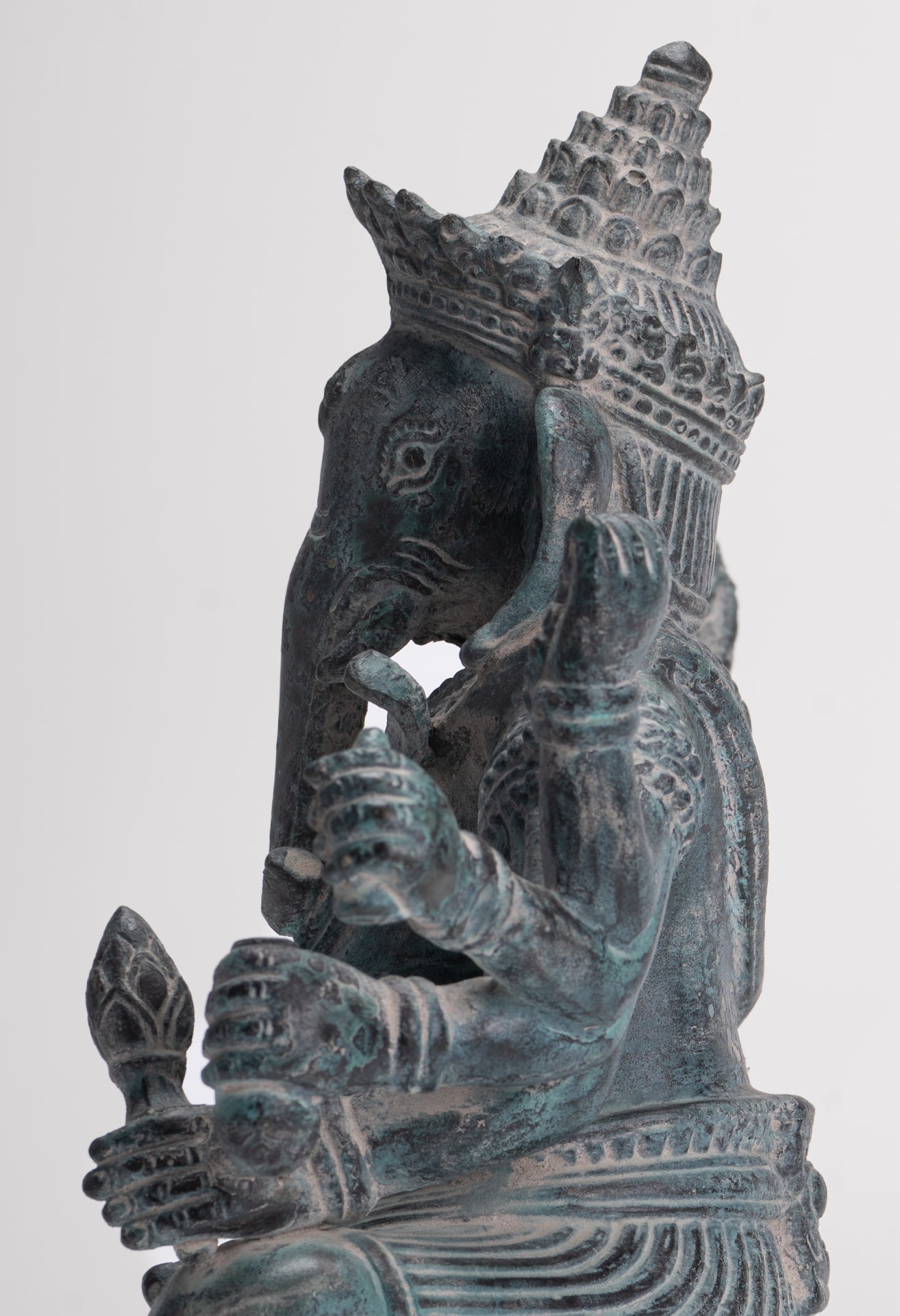 Ganesha Statue - Antique Khmer Style Enthroned Angkor Wat 8 Arm Ganesh Statue - 22cm/9"