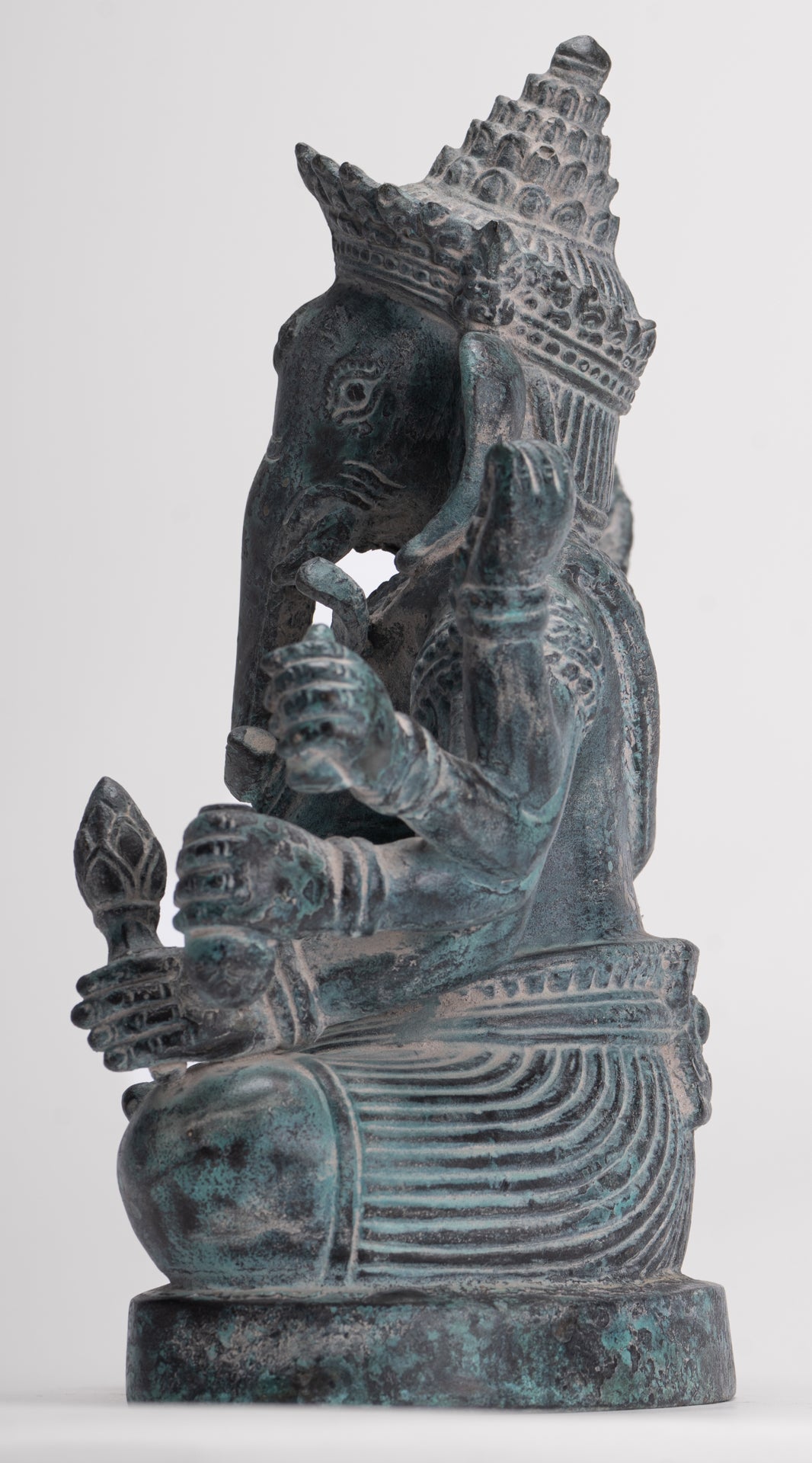 Ganesha Statue - Antique Khmer Style Enthroned Angkor Wat 8 Arm Ganesh Statue - 22cm/9"