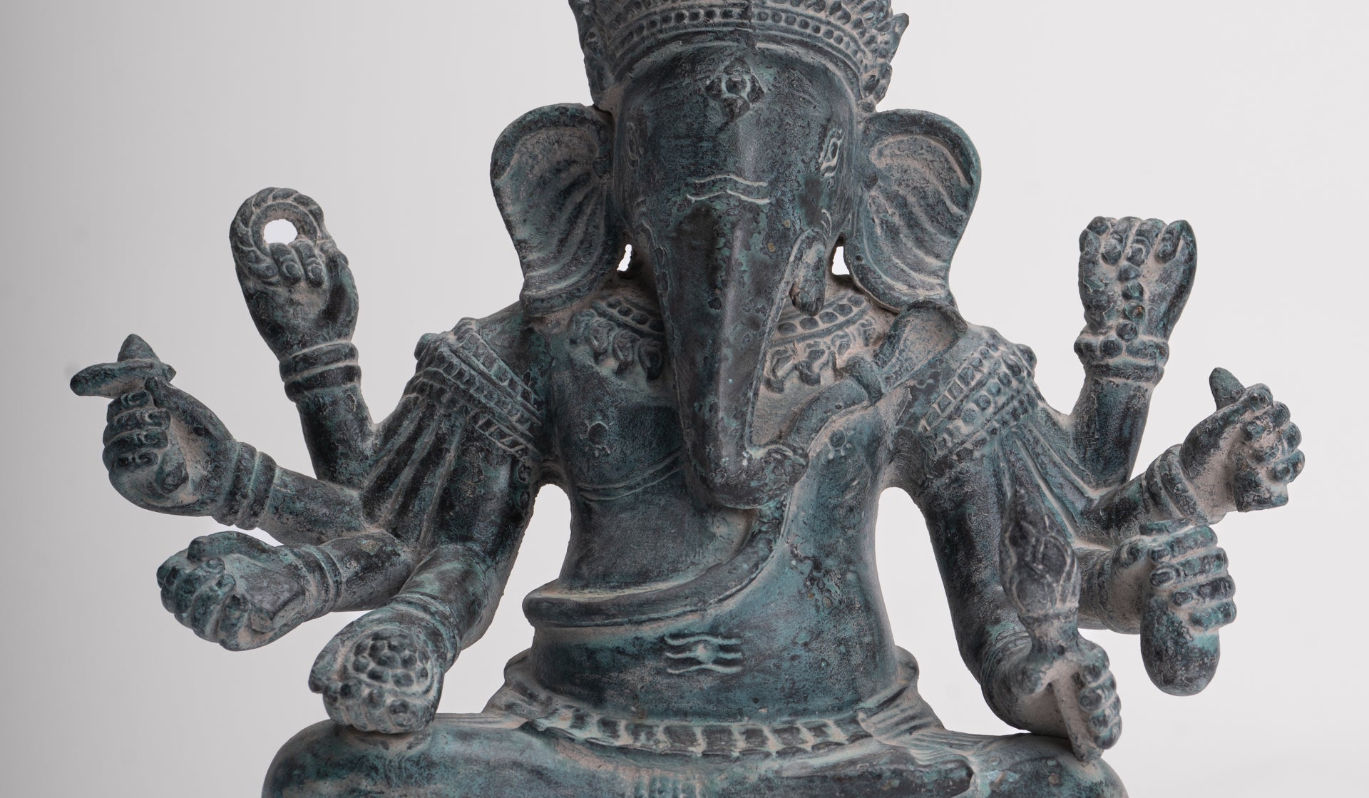 Ganesha Statue - Antique Khmer Style Enthroned Angkor Wat 8 Arm Ganesh Statue - 22cm/9"