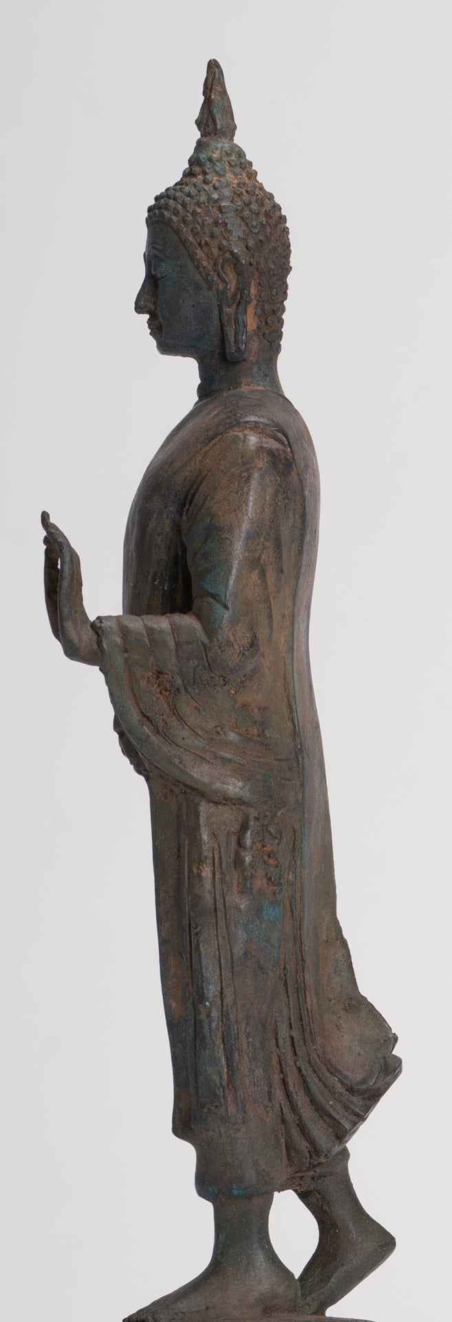 Antique Sukhothai Style Standing Bronze Thai Protection Walking Buddha Statue - 30cm/12"