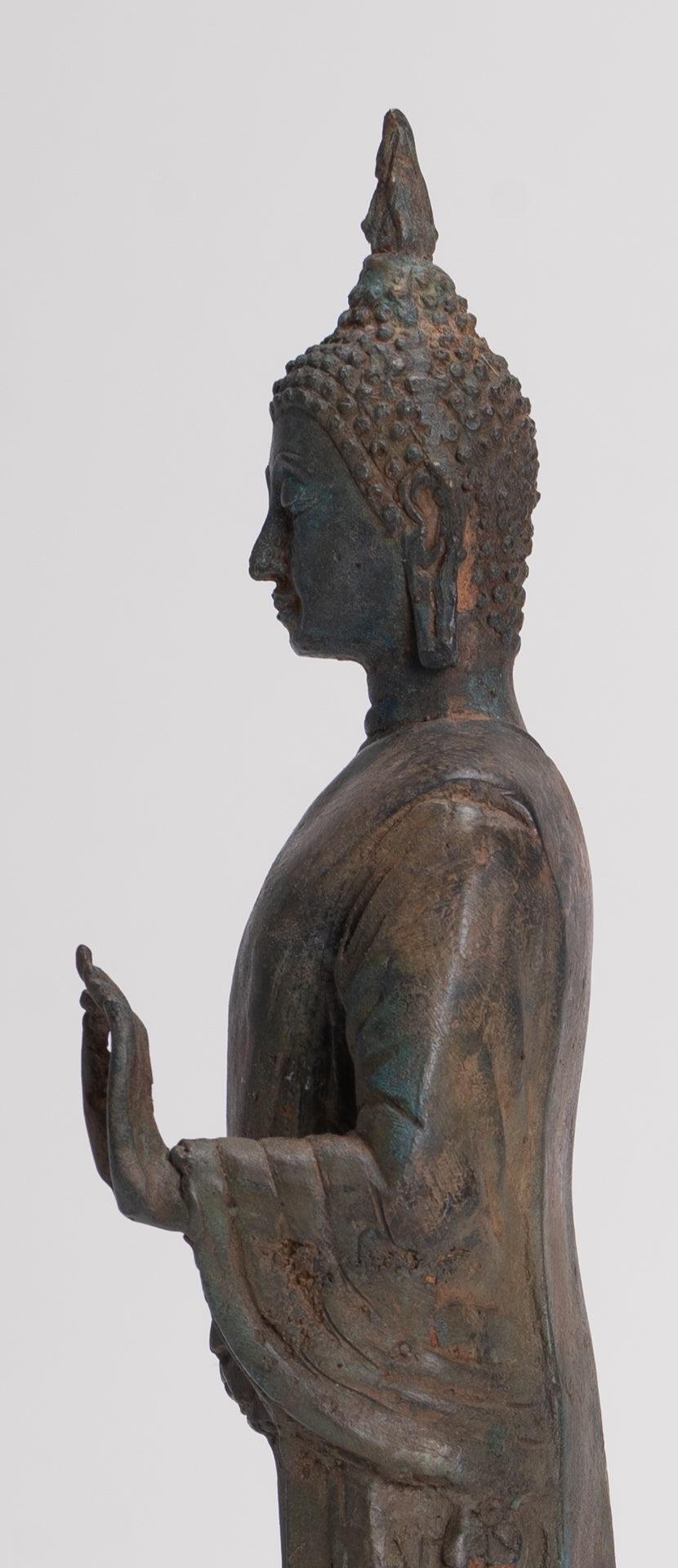 Antique Sukhothai Style Standing Bronze Thai Protection Walking Buddha Statue - 30cm/12"
