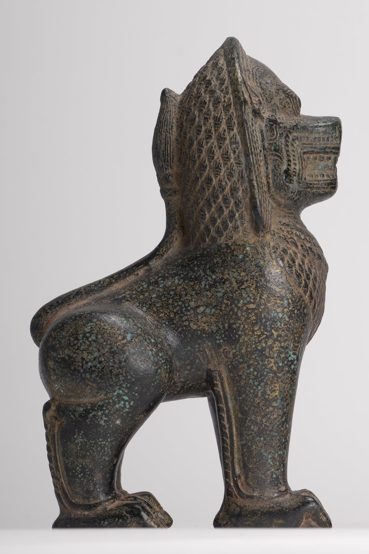 Temple Lions - Antique Khmer Style Bronze Standing Temple Guardian or Lions (Pair) - 20cm/8"