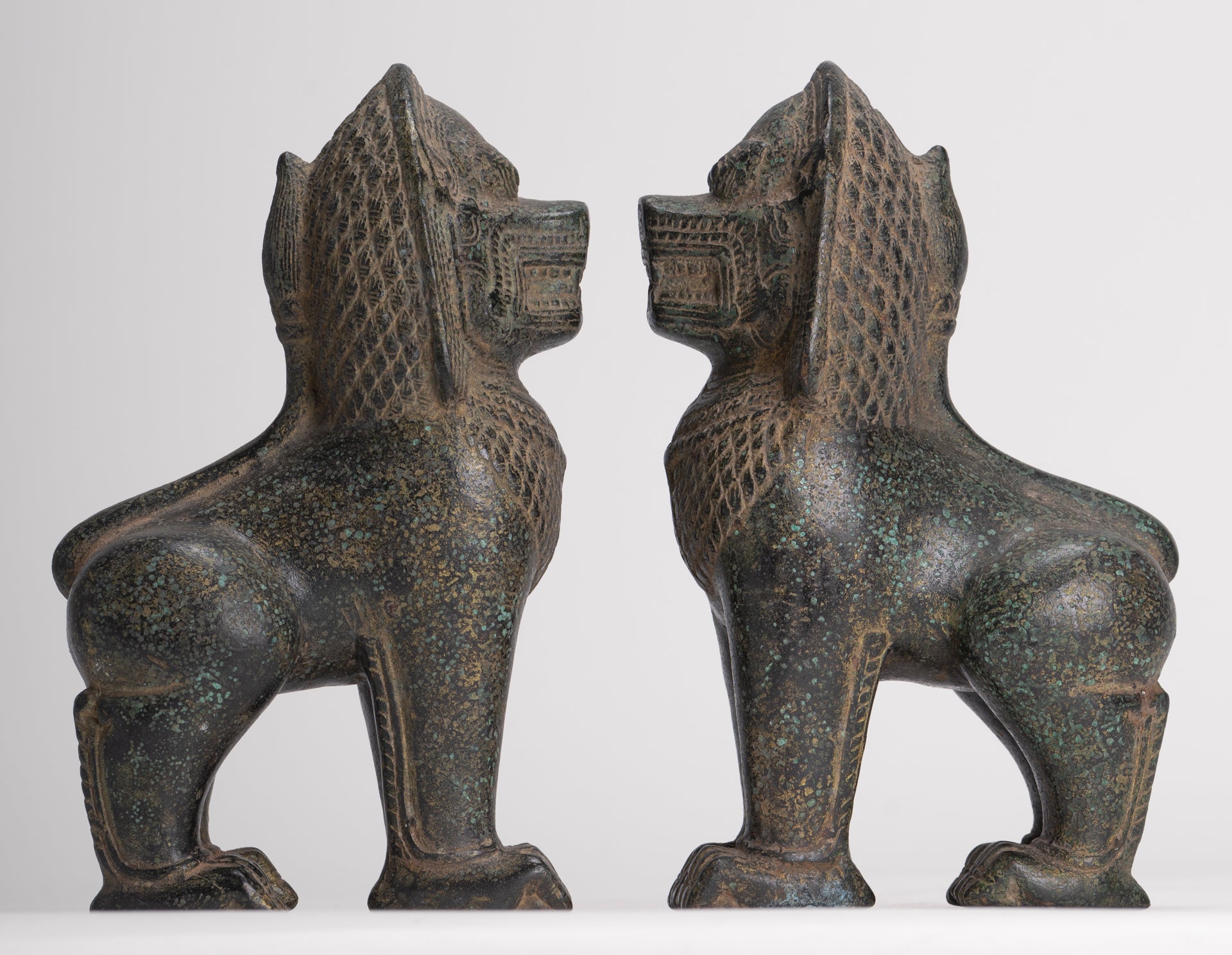 Temple Lions - Antique Khmer Style Bronze Standing Temple Guardian or Lions (Pair) - 20cm/8"